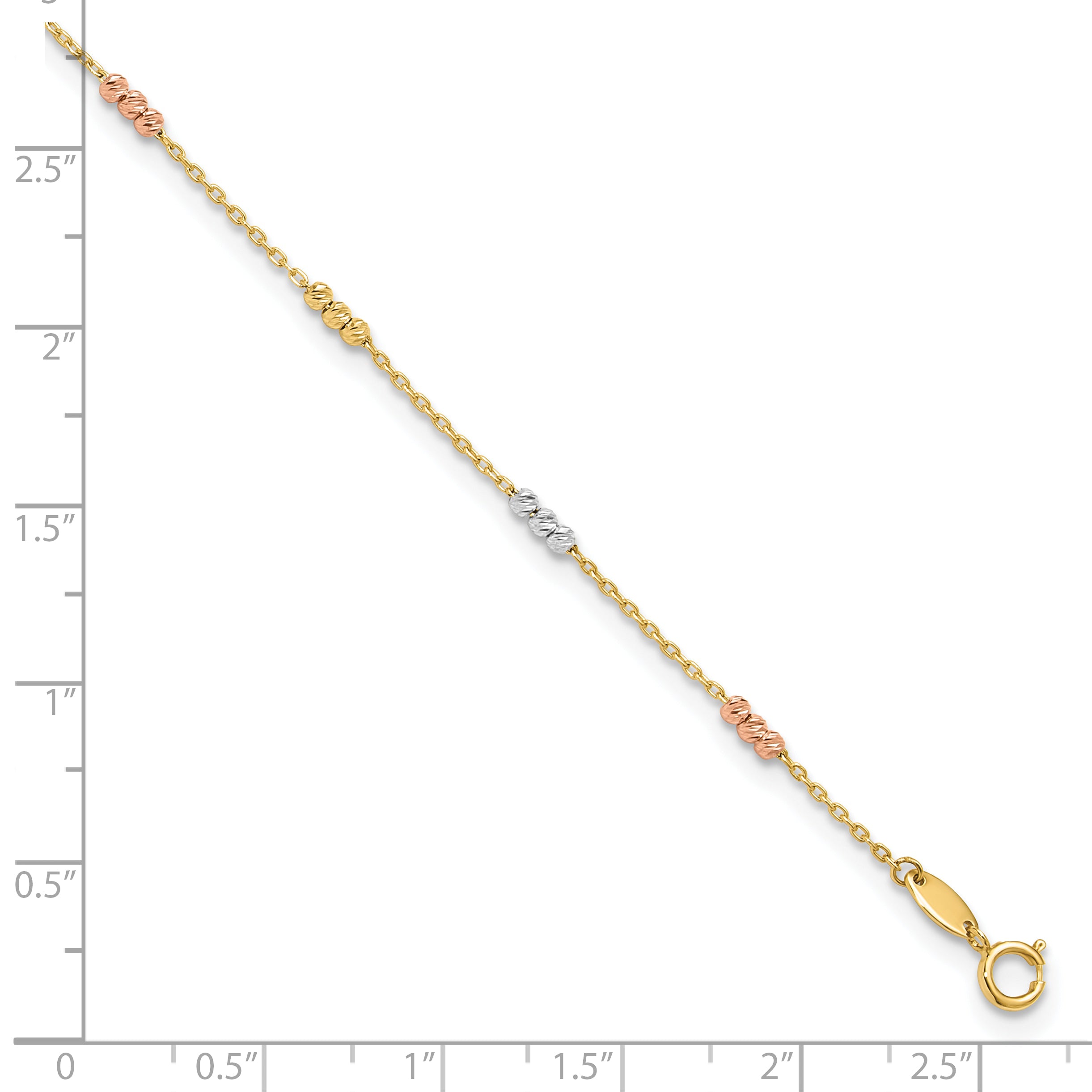 14K Tri-color Polished with D/C Beads 9in Plus 1in. ext. Anklet