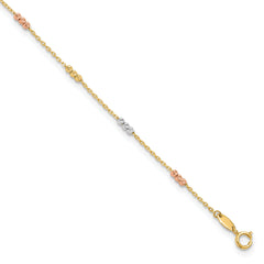 14K Tri-color Polished with D/C Beads 9in Plus 1in. ext. Anklet