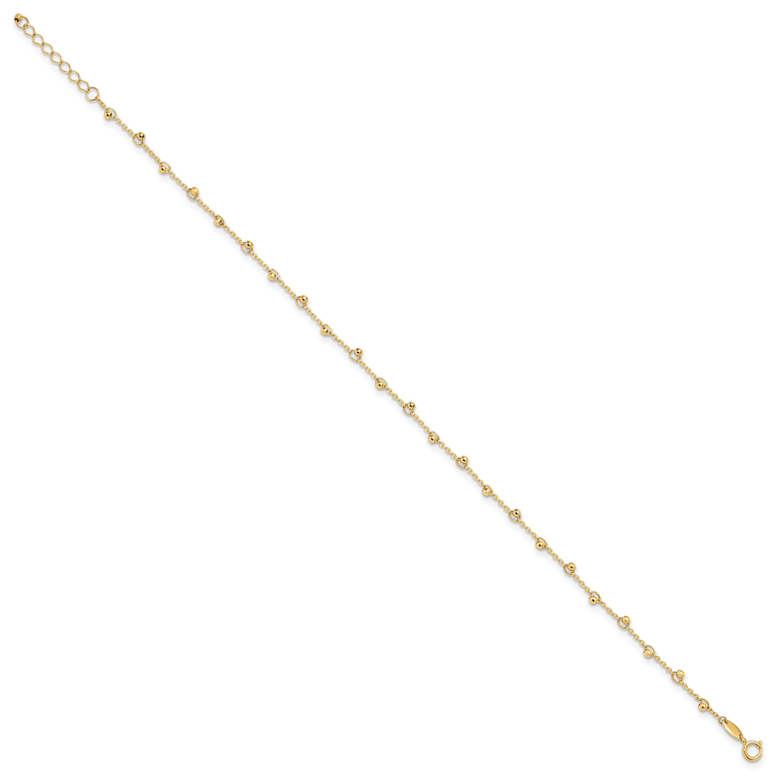 14K Polished and Diamond-cut Beads 9in Plus 1in ext. Anklet