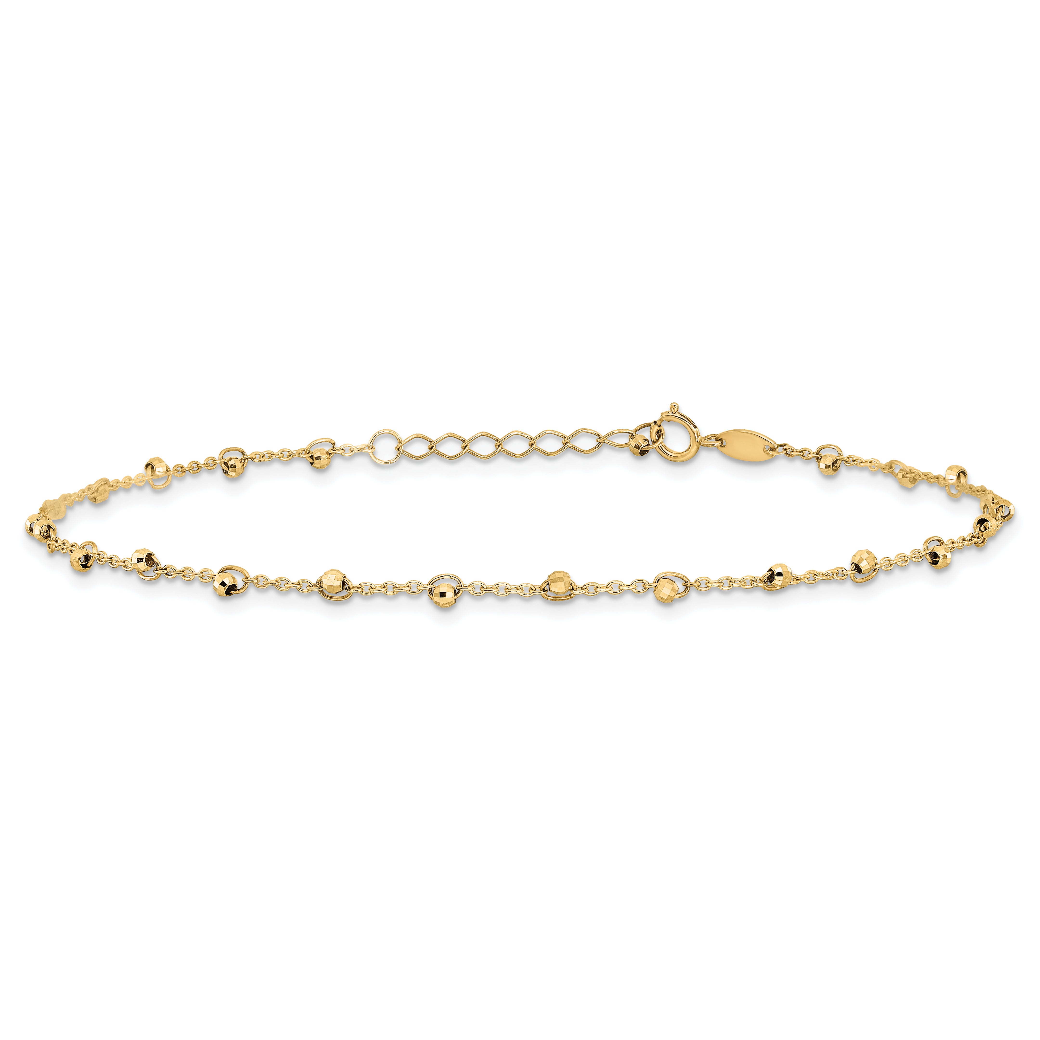 14K Polished and Diamond-cut Beads 9in Plus 1in ext. Anklet