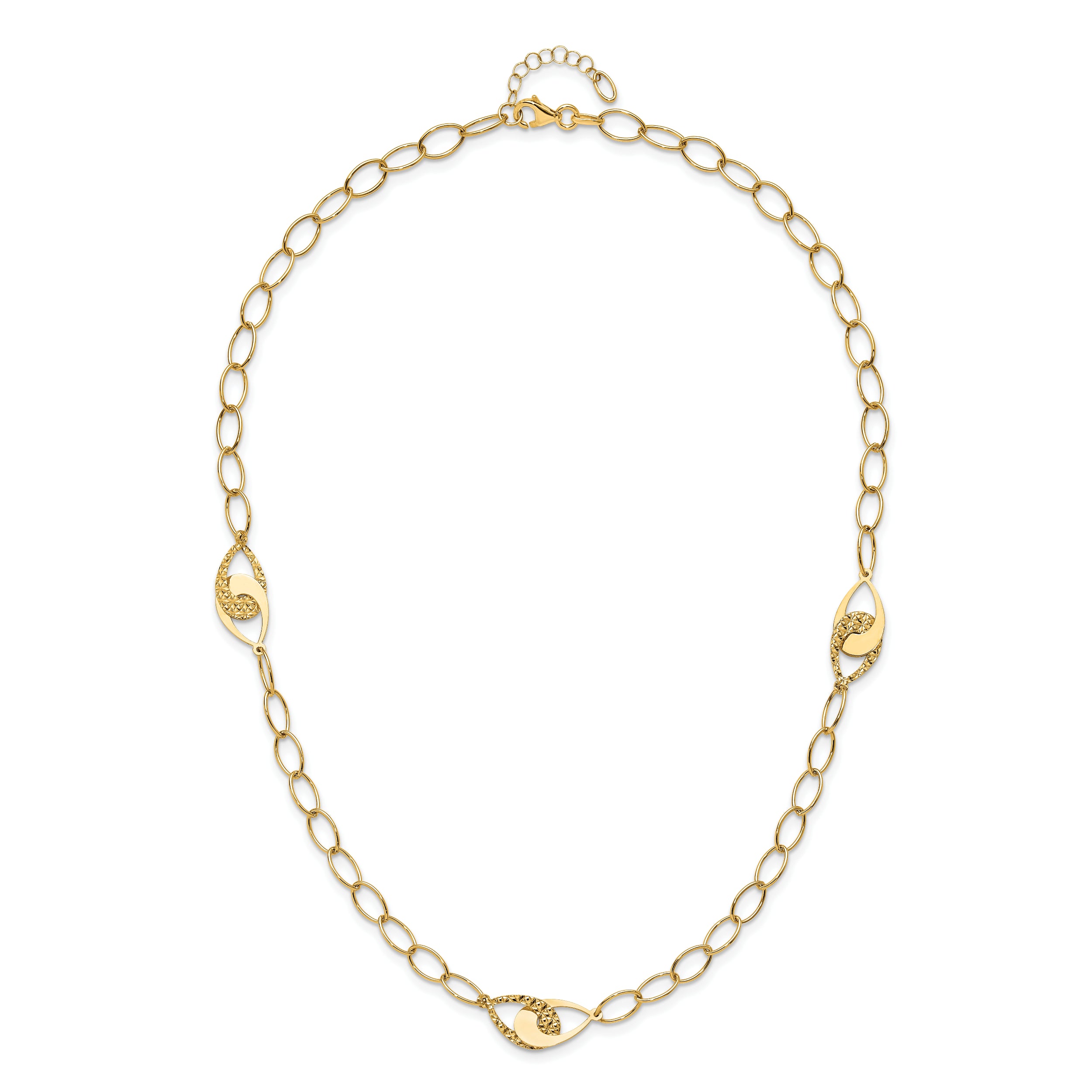 14K Polished and Diamond-cut Fancy Link with 1in ext. Necklace