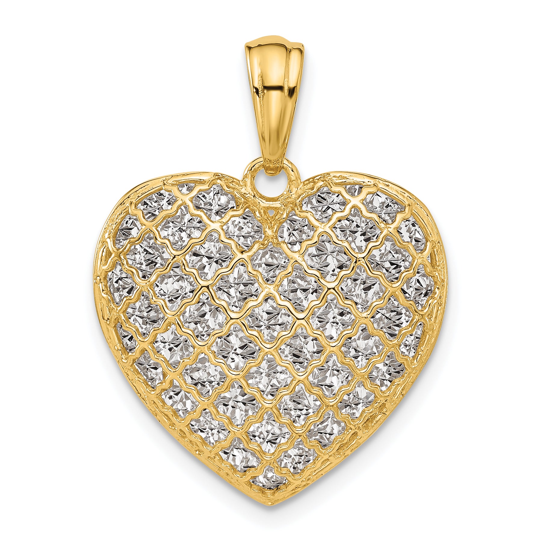 14K Two-tone Polished and Dia-cut Heart Pendant