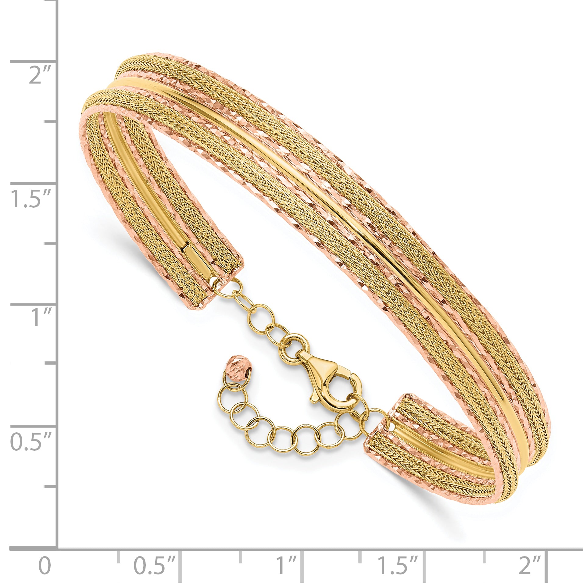 14K Two-tone Dia-cut and Textured with Safety Chain Bangle