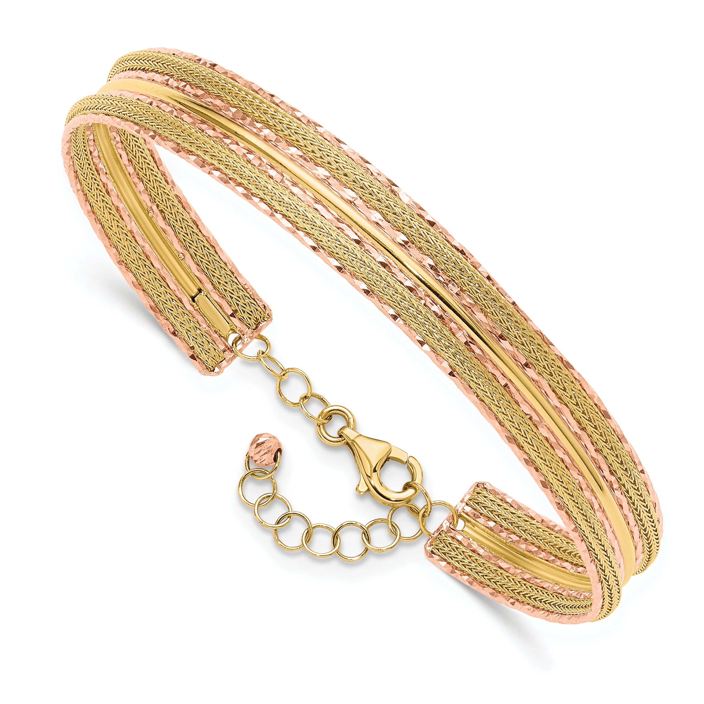 14K Two-tone Dia-cut and Textured with Safety Chain Bangle