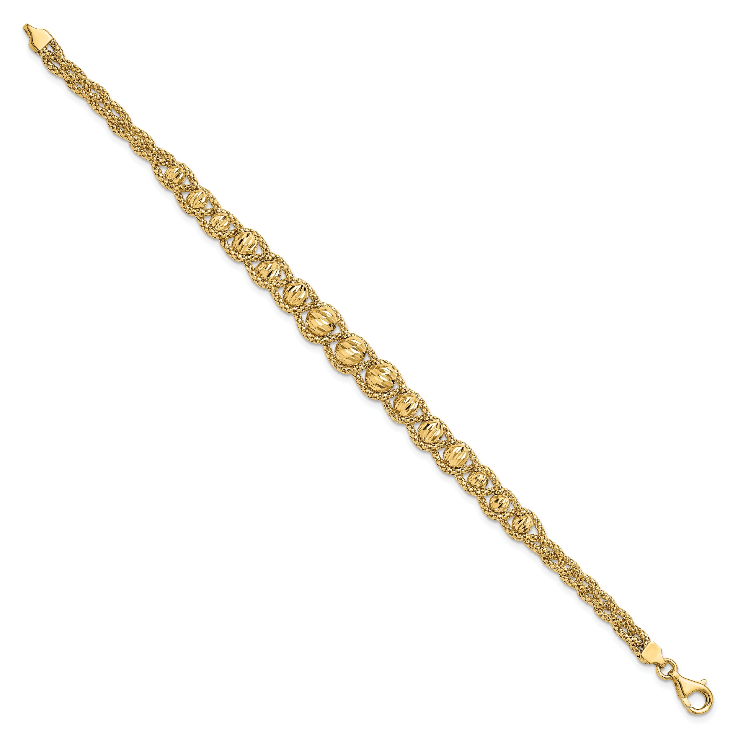 14K Polished Textured and Diamond-cut Beaded Bracelet