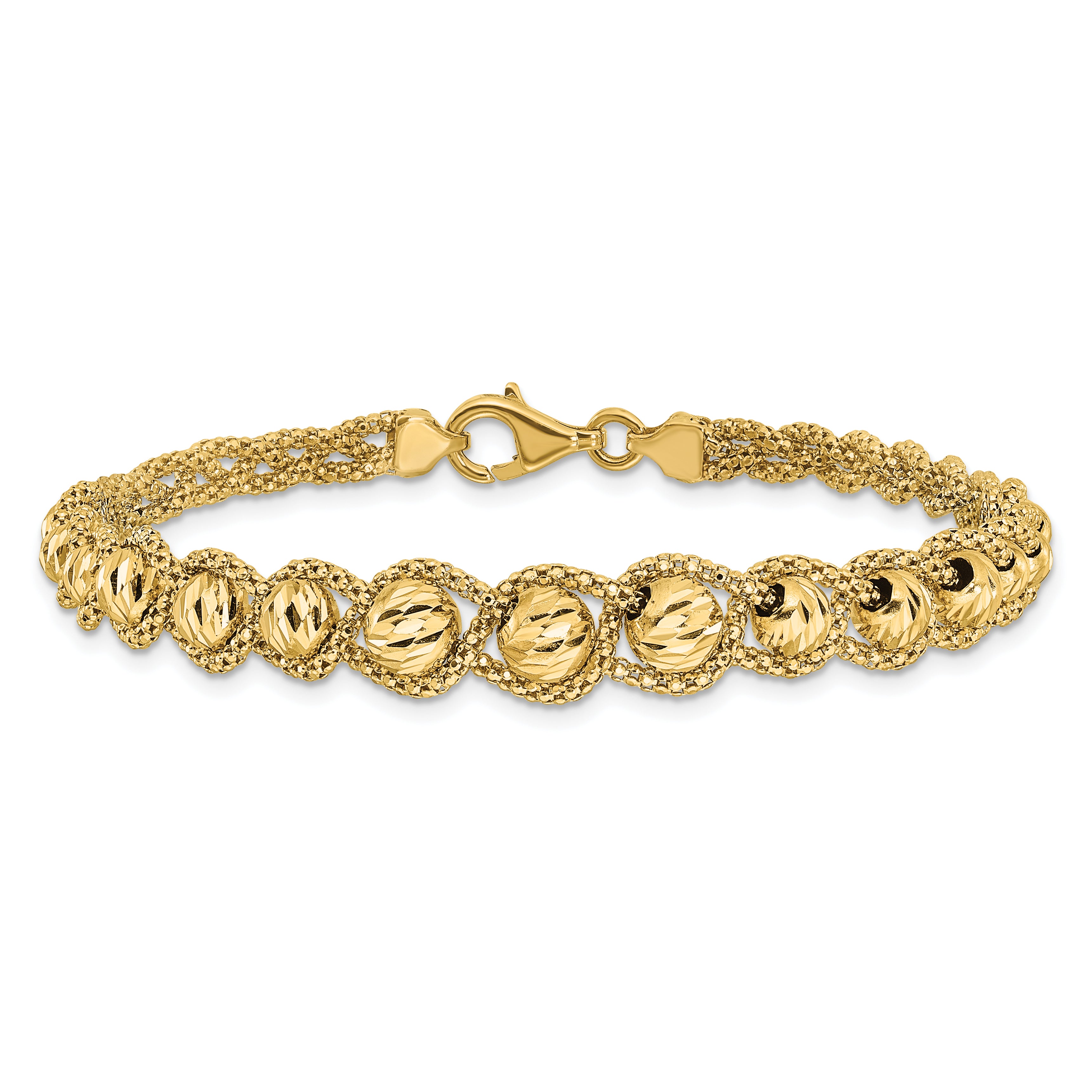 14K Polished Textured and Diamond-cut Beaded Bracelet