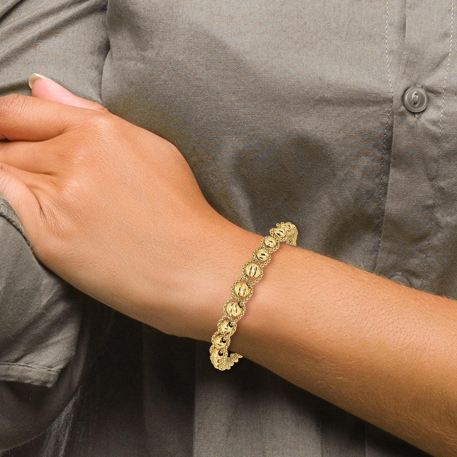 14K Polished Textured and Diamond-cut Beaded Bracelet