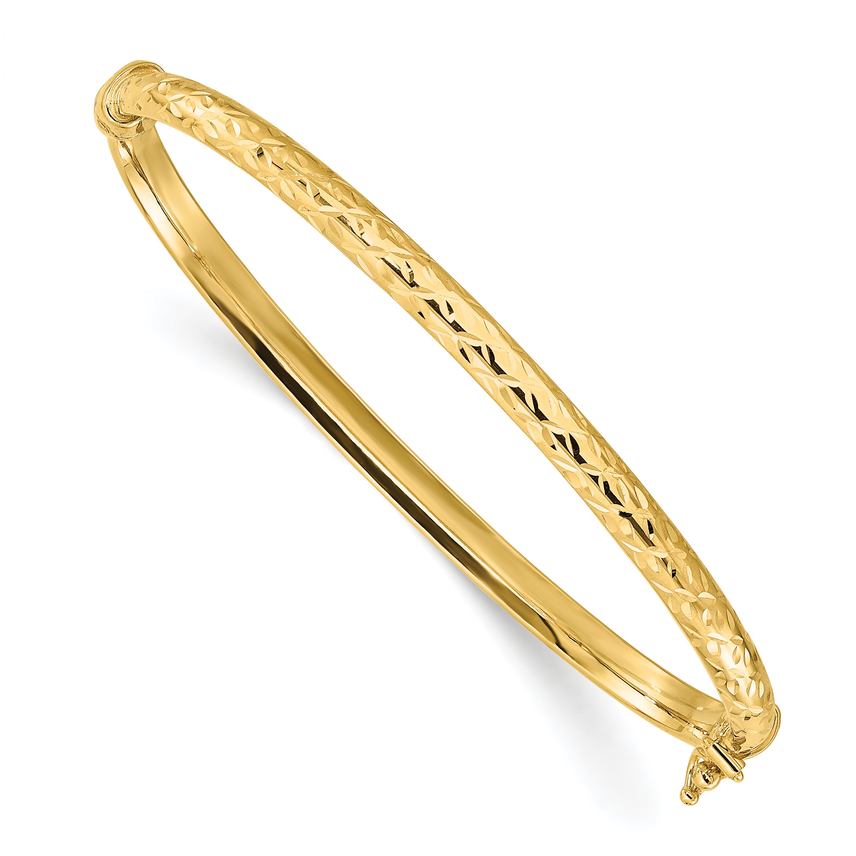 14K Polished and Diamond-cut Hinged Bangle