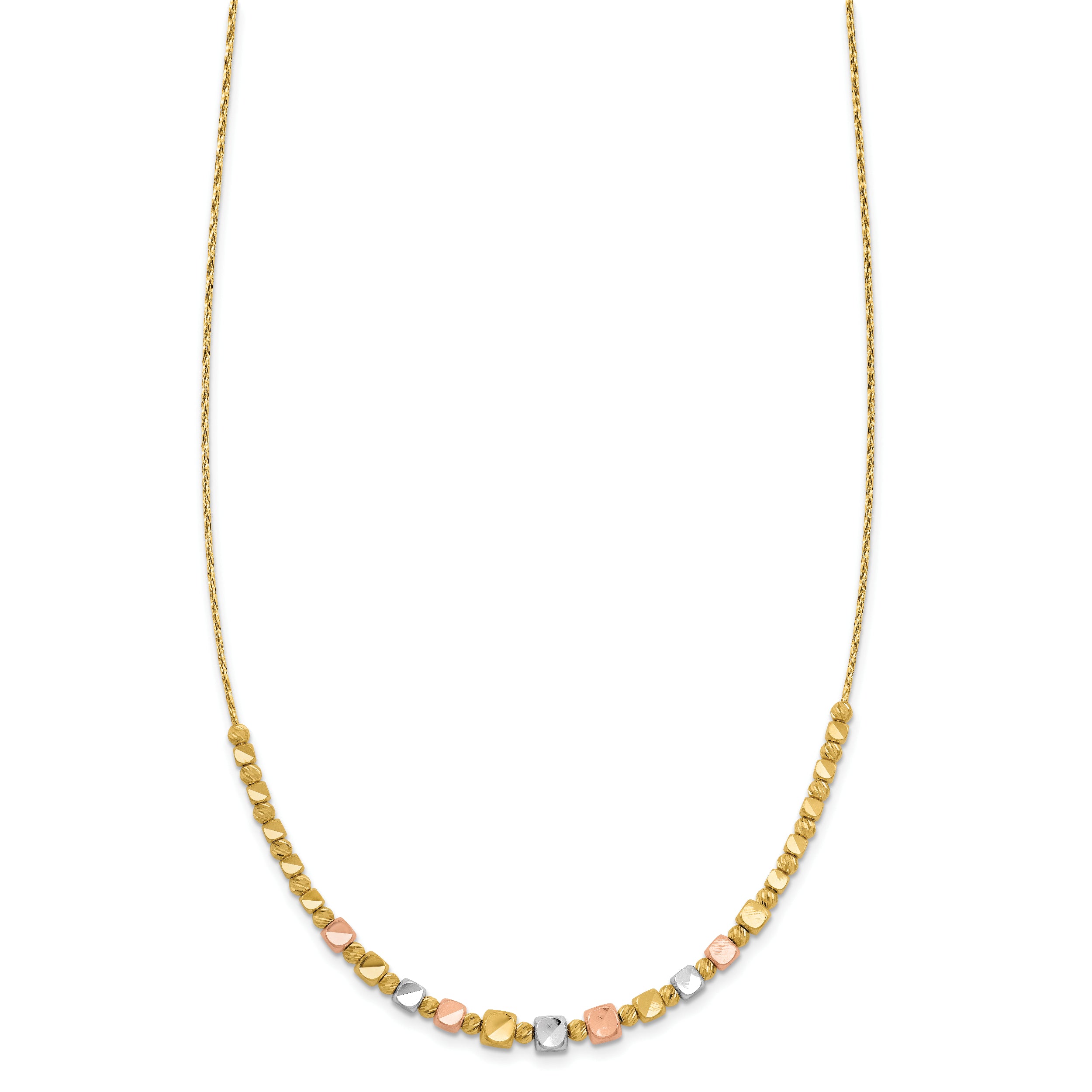 14K Tri-color Polished / DC Square Beads w/1in ext. Necklace