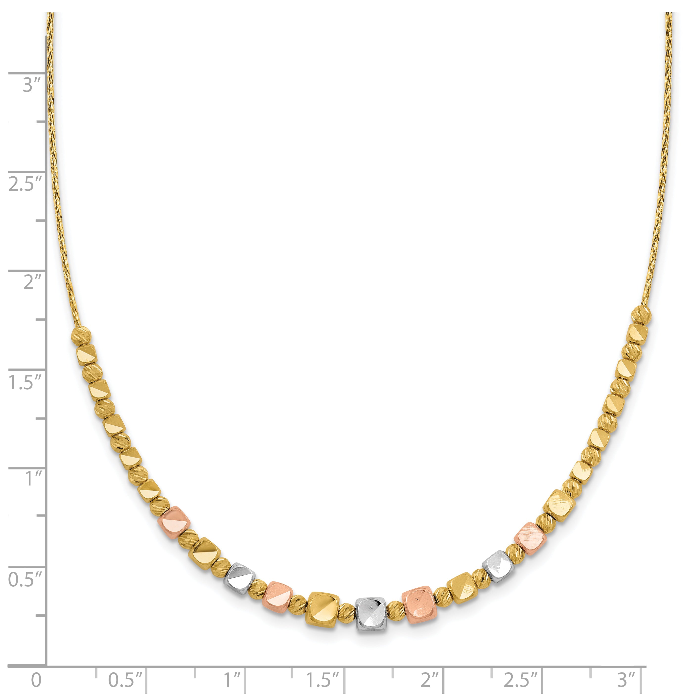 14K Tri-color Polished / DC Square Beads w/1in ext. Necklace