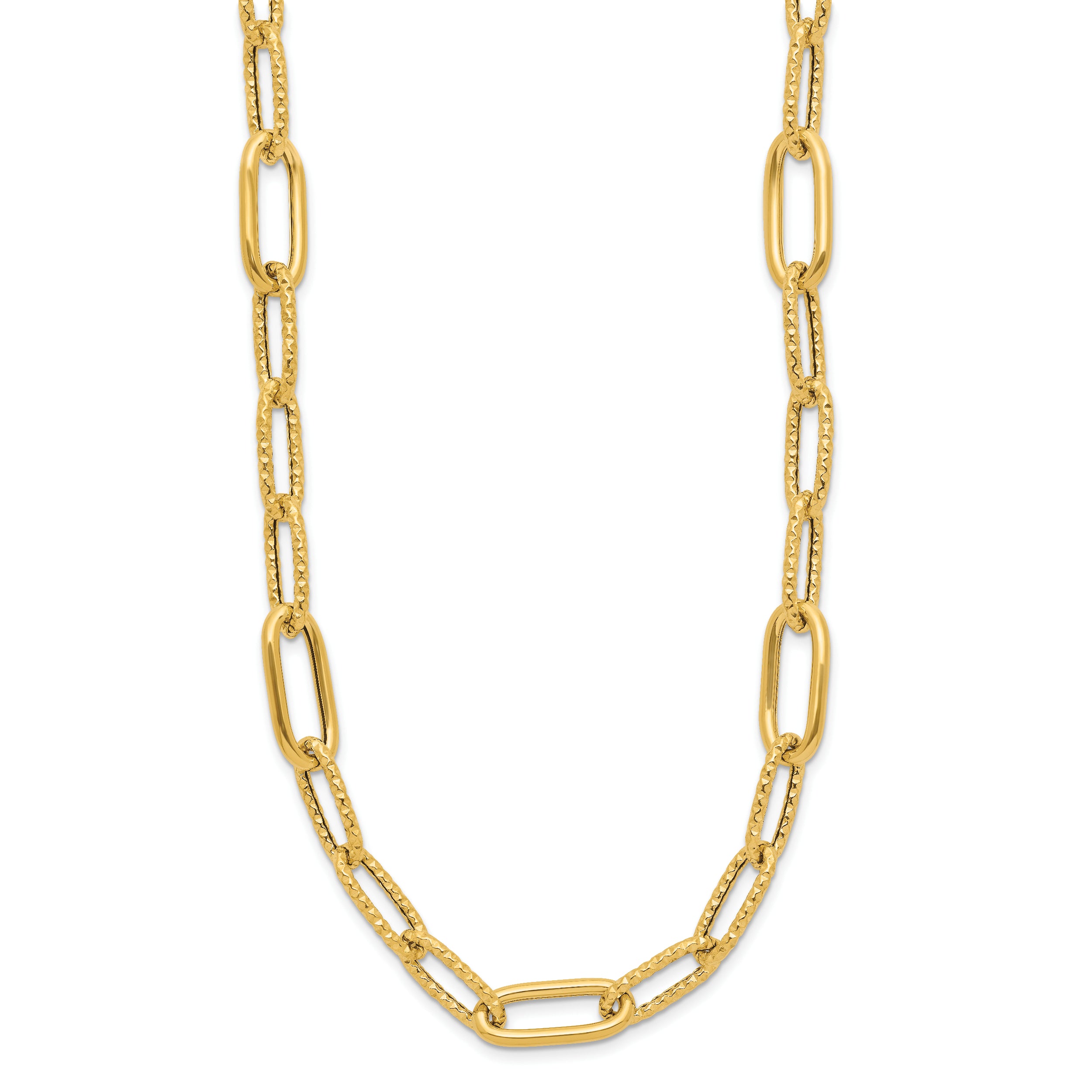 14K Polished and Textured Fancy Paperclip Link Necklace