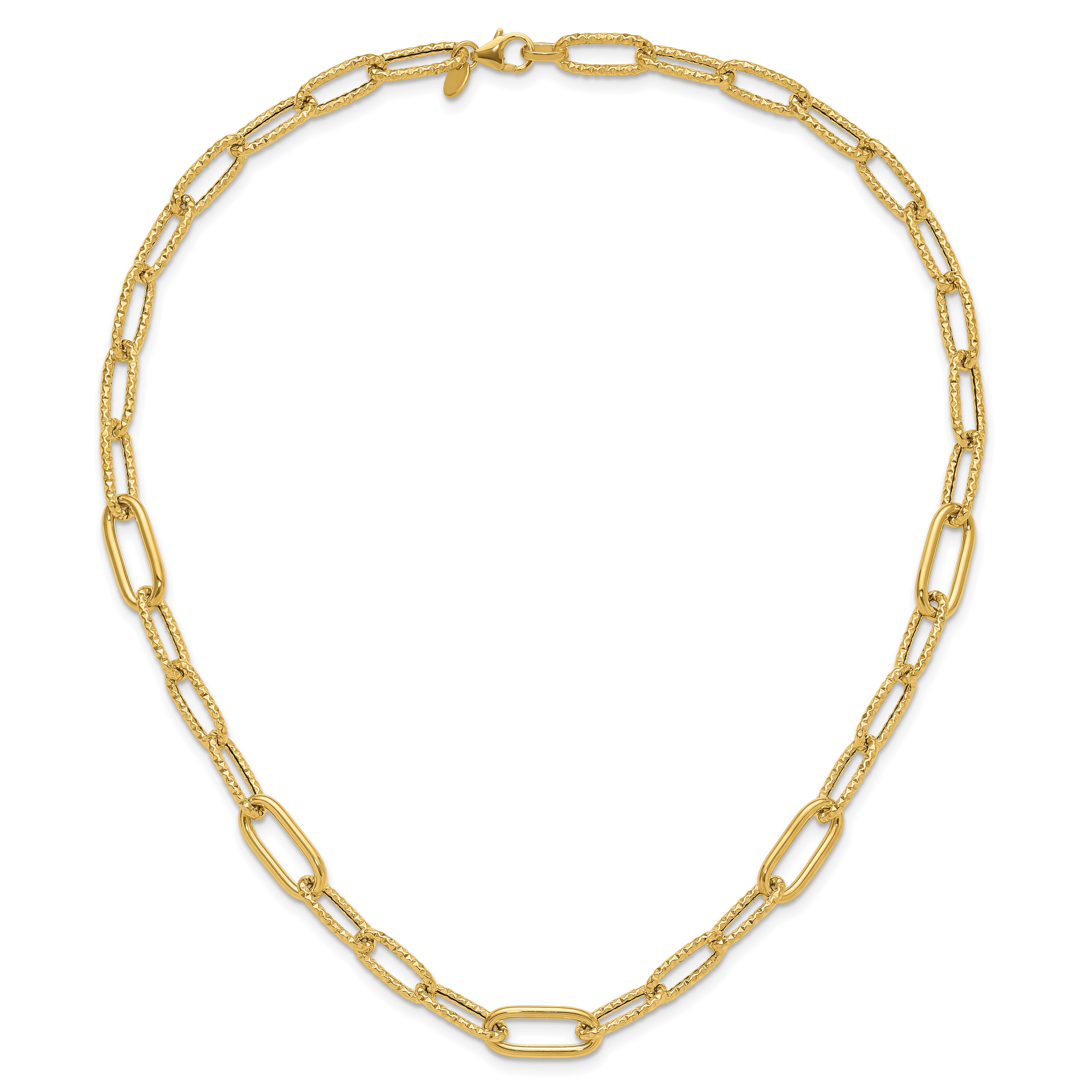 14K Polished and Textured Fancy Paperclip Link Necklace