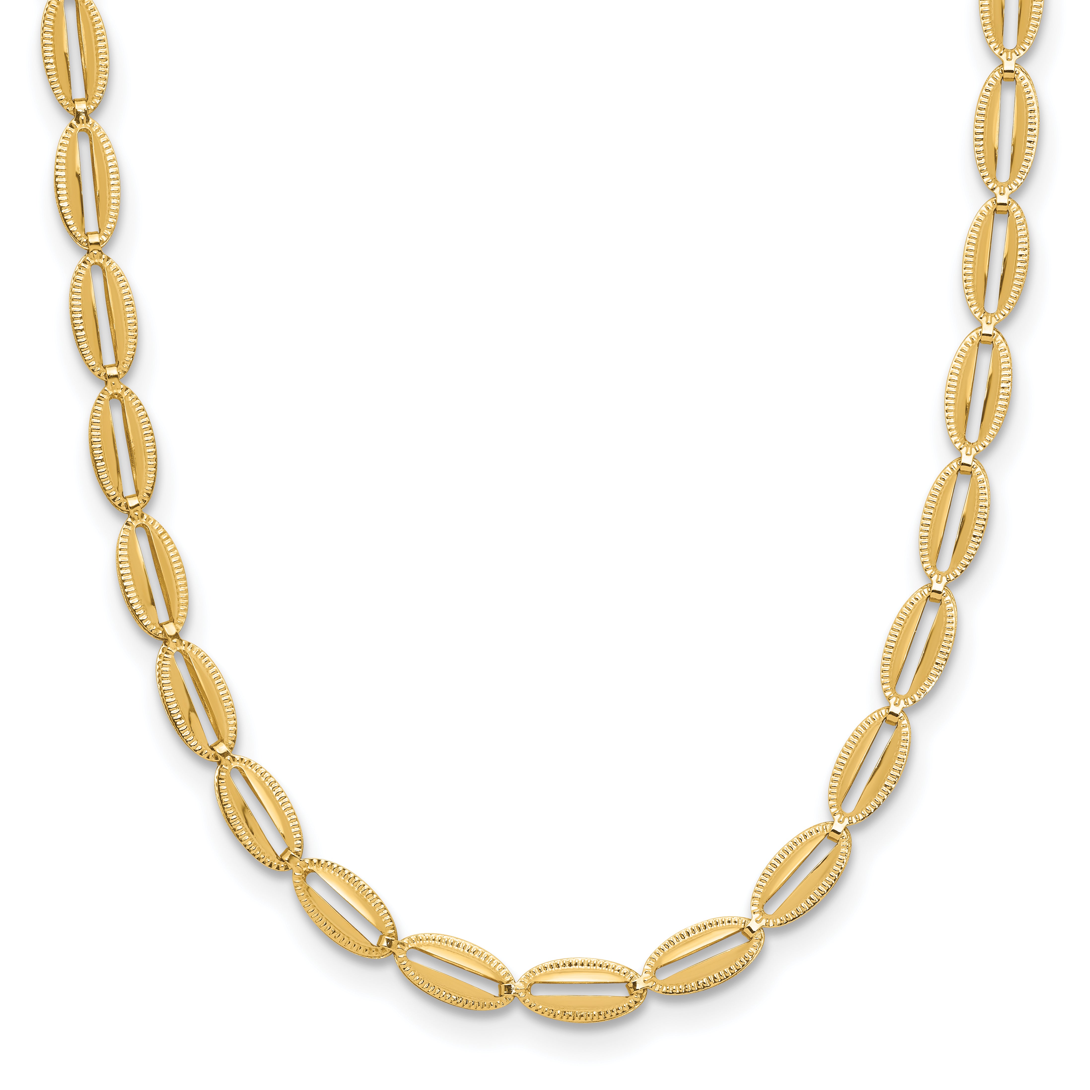 14K Polished and Textured Fancy Oval Link Necklace