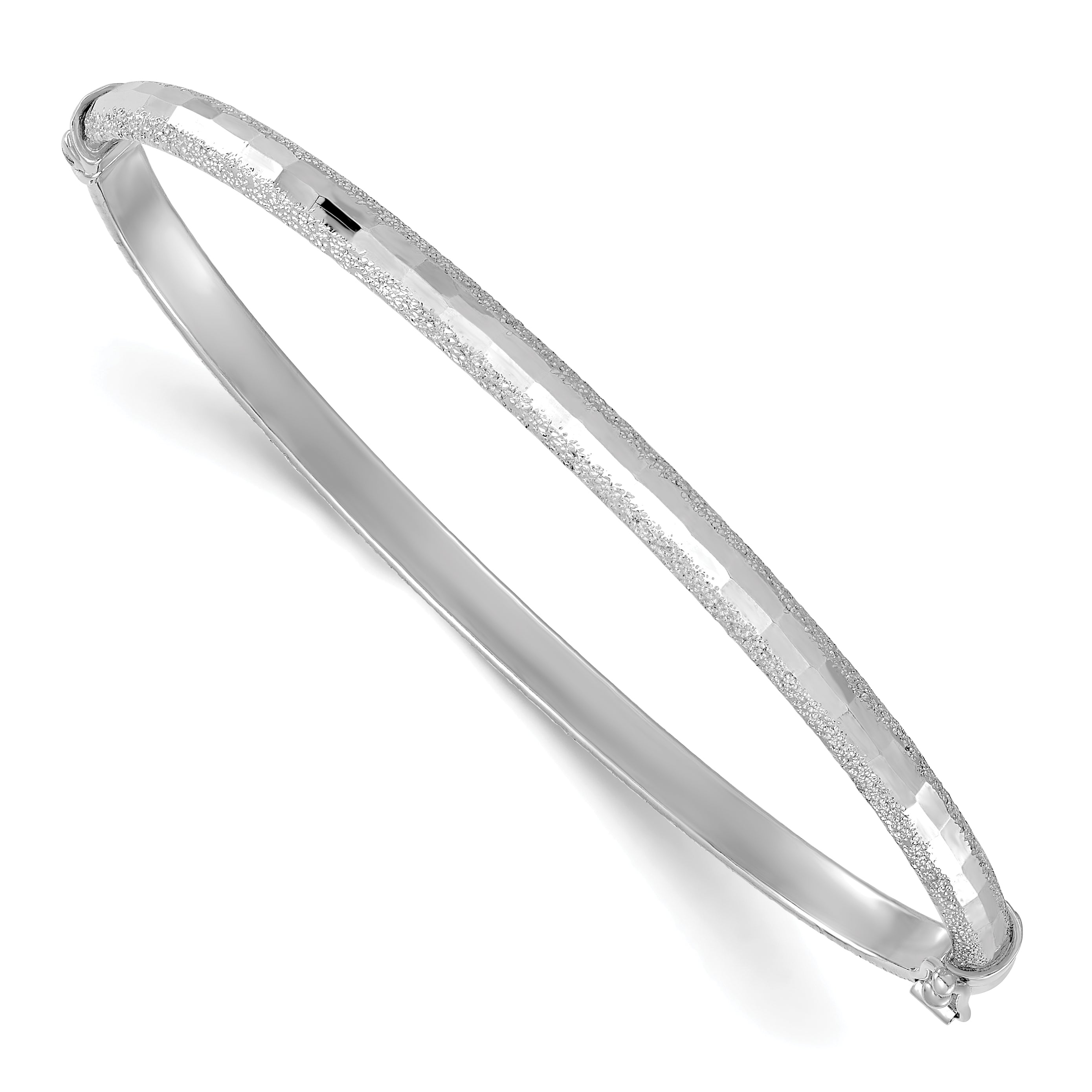 14K White Gold Polished/Textured and Diamond-cut Hinged Bangle