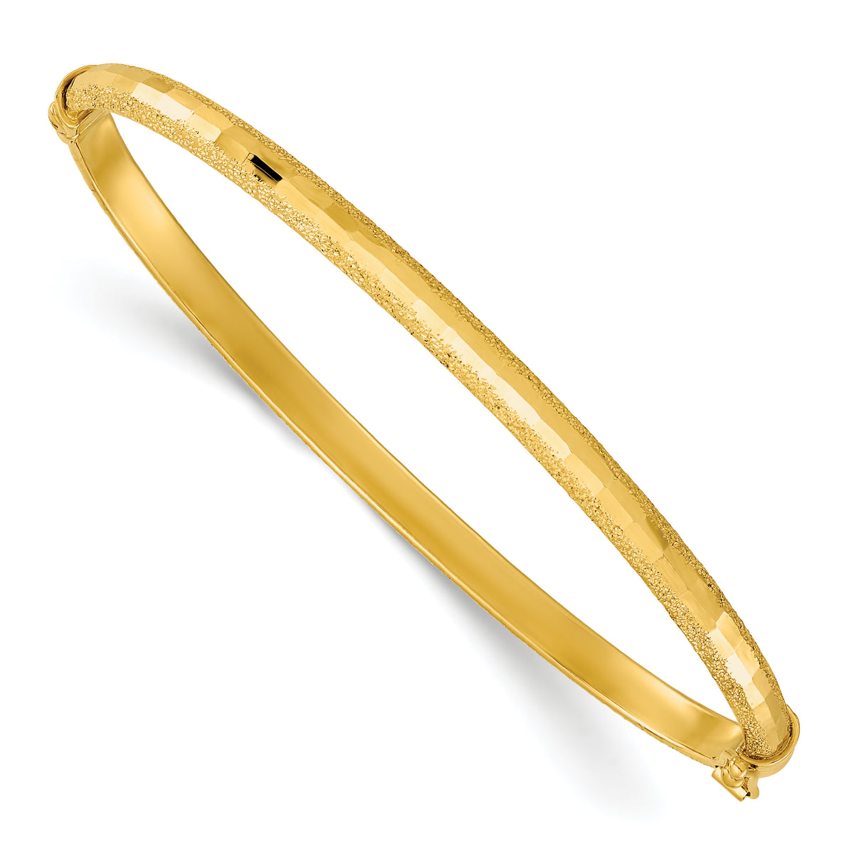 14K Polished/Textured and Diamond-cut Hinged Bangle