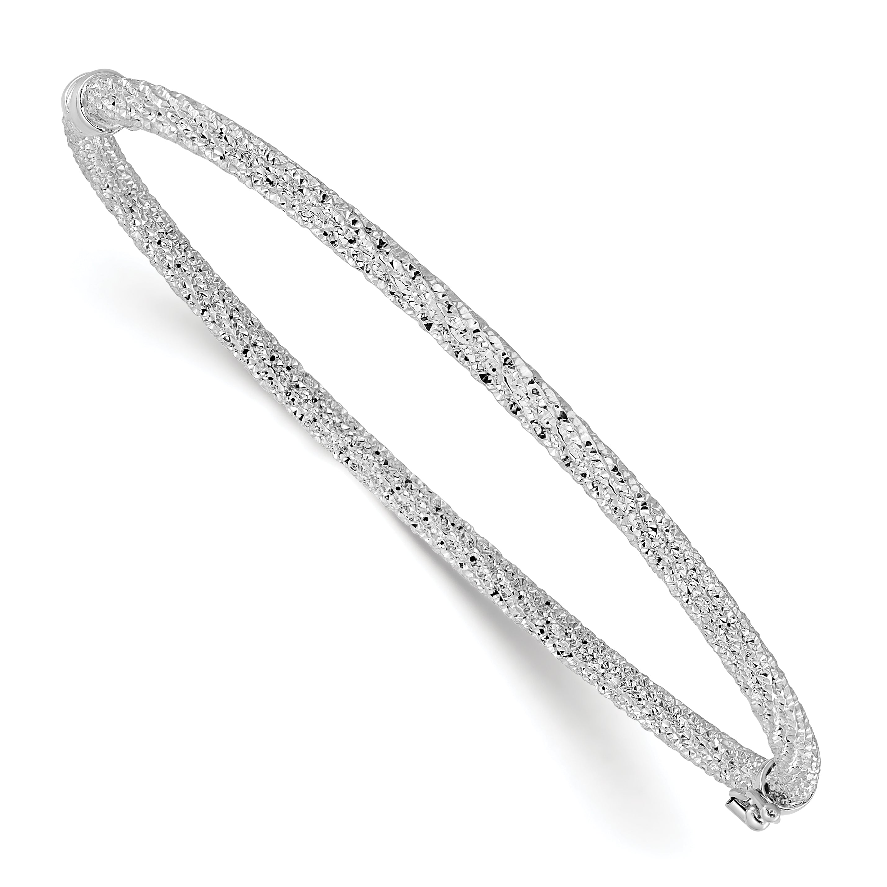 14K WG Polished/Textured and Diamond-cut Twist Hinged Bangle