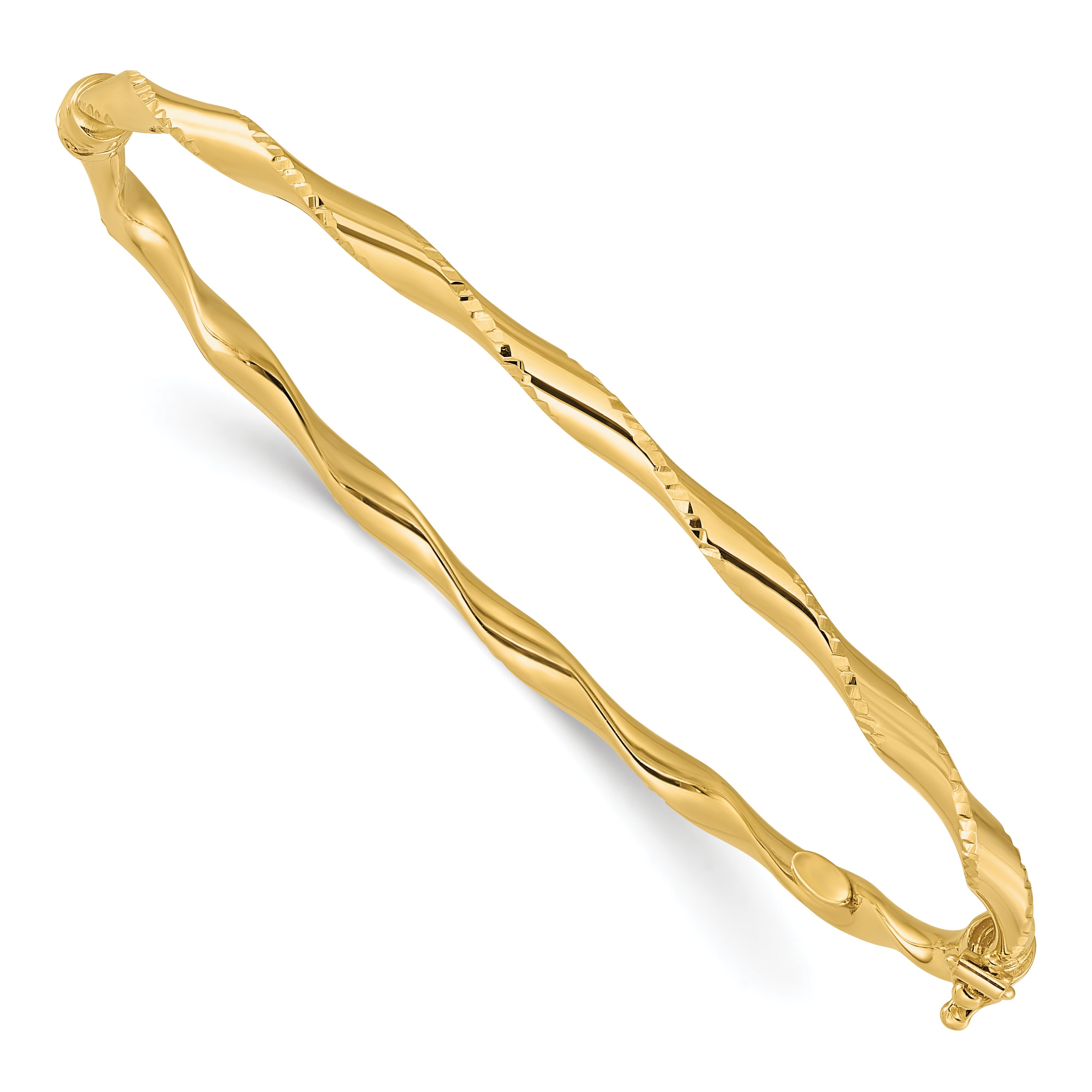 14K Polished and Diamond-cut Twisted Hinged Bangle