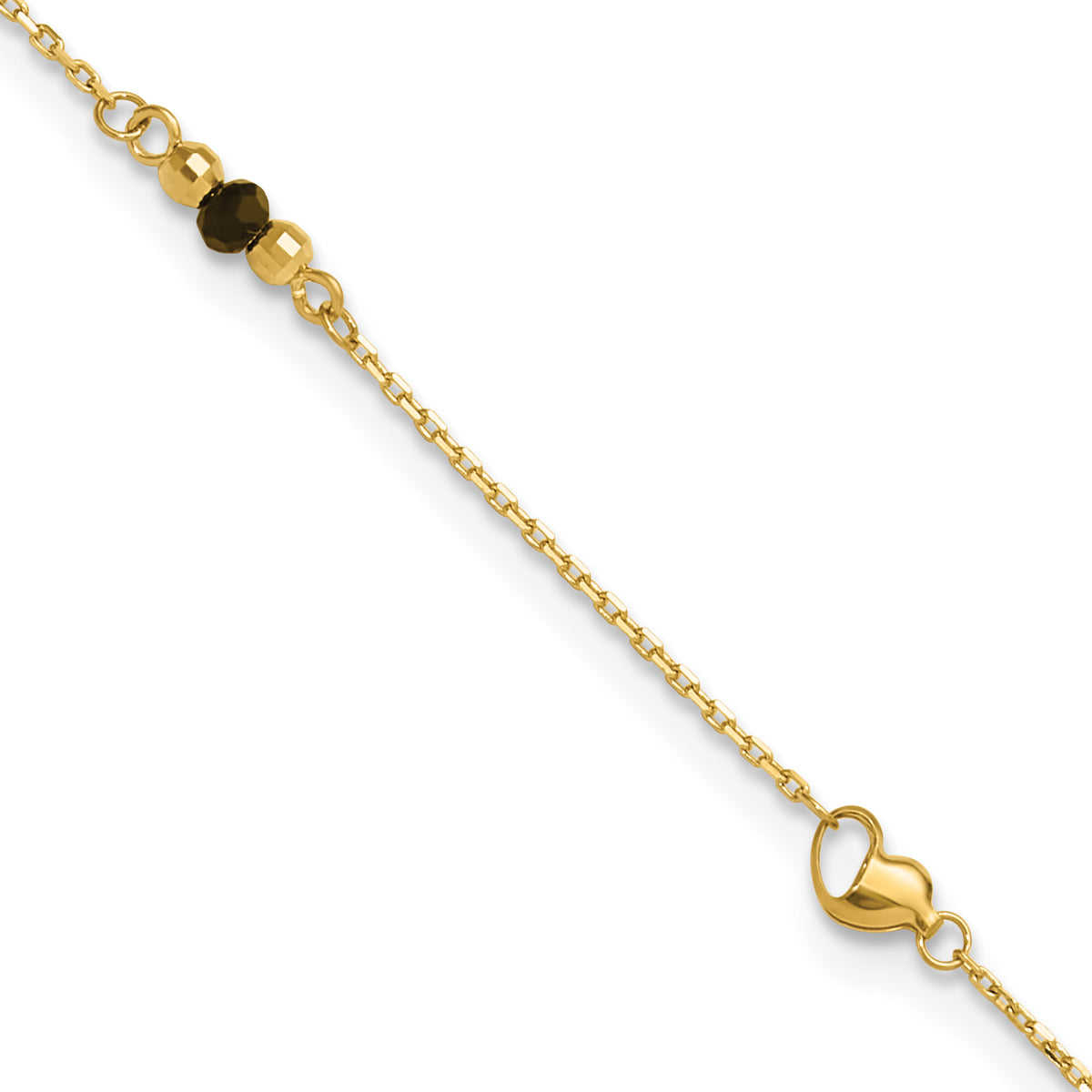 14K Polished/Dia-cut Heart Cr. Onyx Beads 9in Plus 1in ext. Anklet