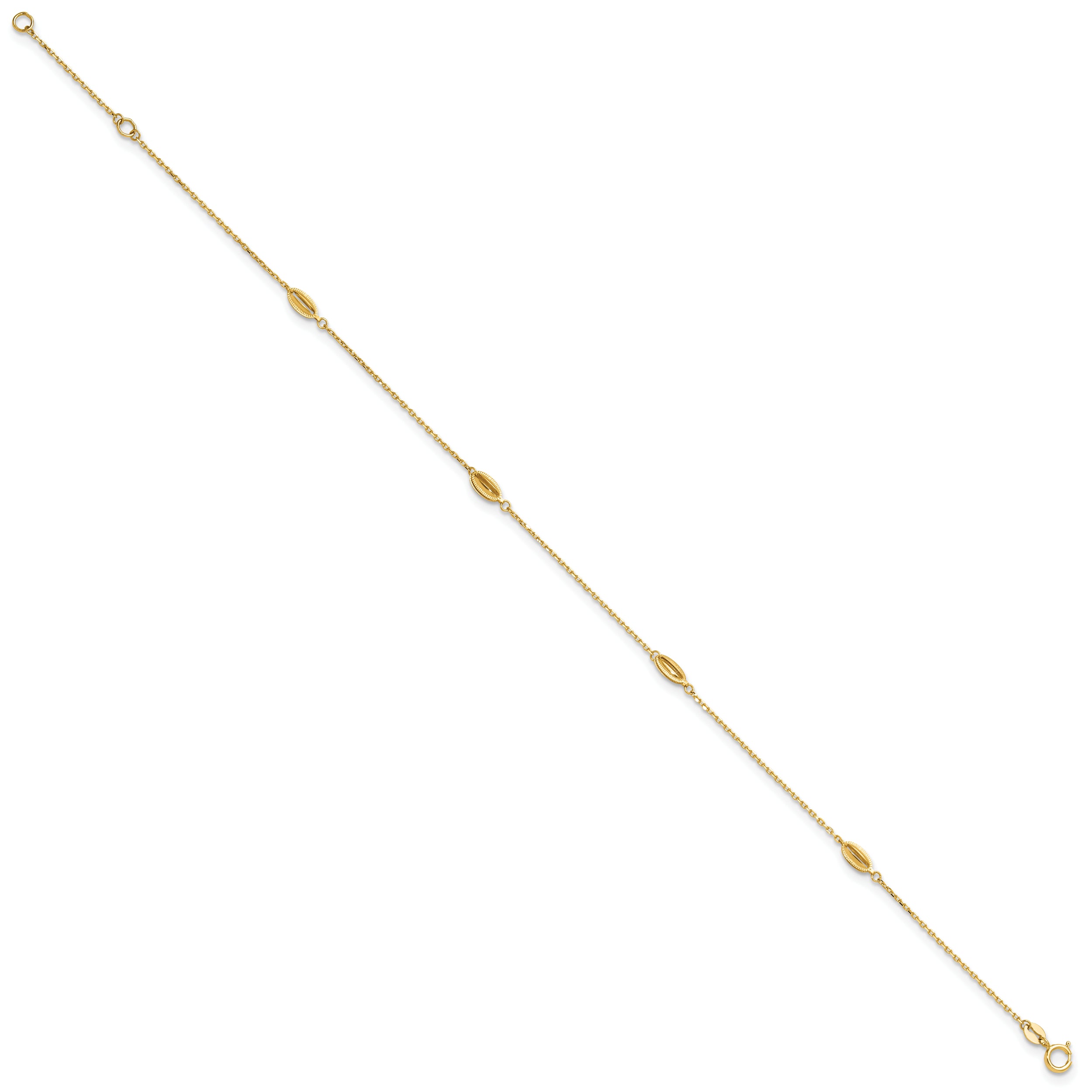 14K Polished and Textured Station 9in Plus 1in ext. Anklet