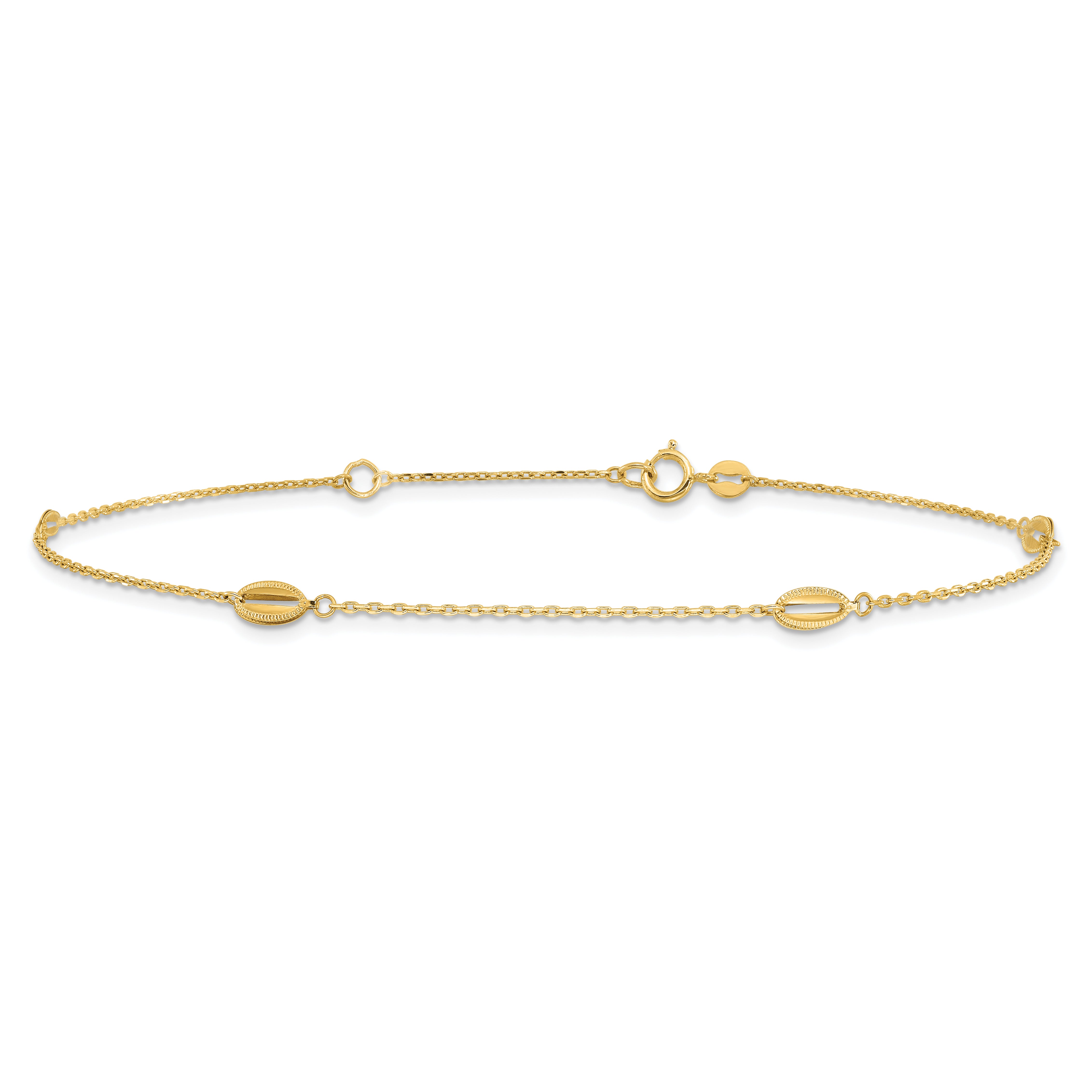 14K Polished and Textured Station 9in Plus 1in ext. Anklet