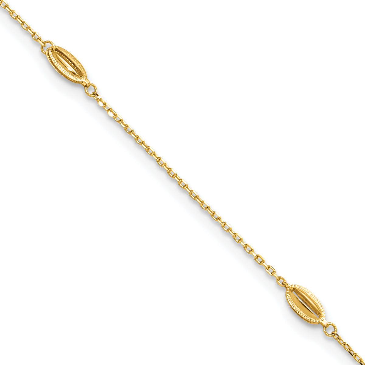 14K Polished and Textured Station 9in Plus 1in ext. Anklet