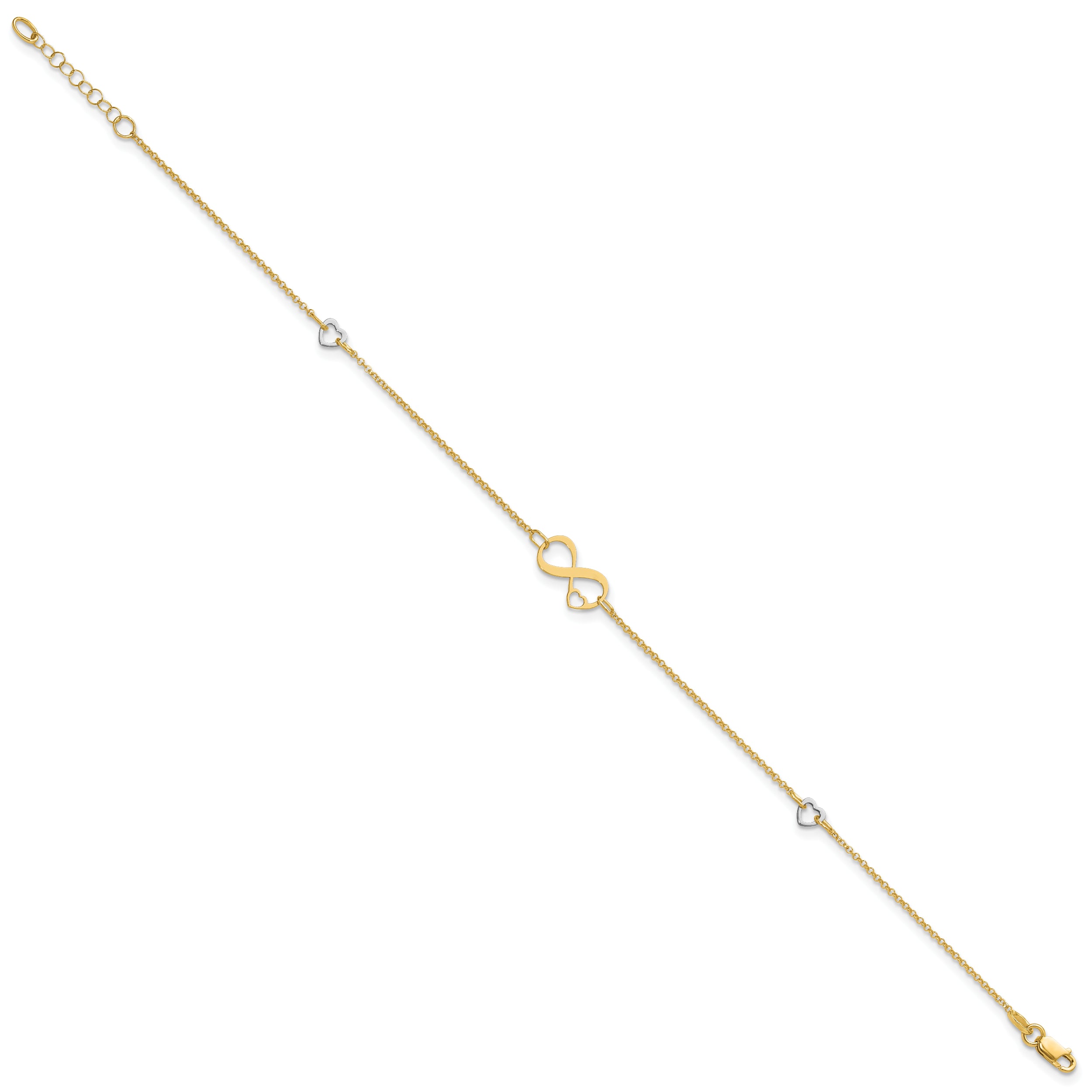 14K Two-tone Polished Infinity Open Heart 9in Plus 1in ext. Anklet