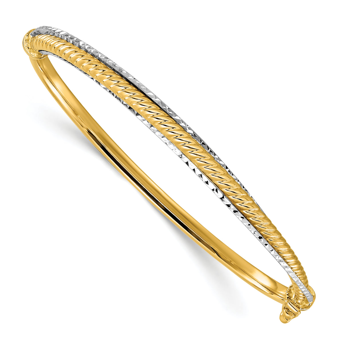 14K Two-tone Polished and Diamond-cut Hinged Bangle