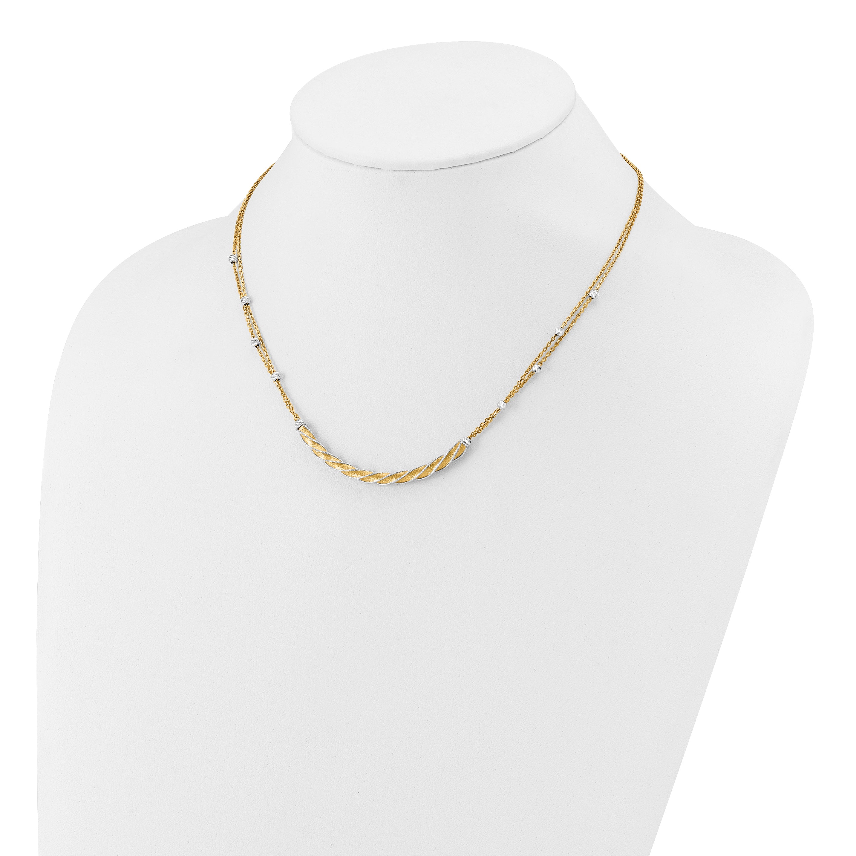 14K Two-tone Polished/Satin/Dia-cut Bar w/2in ext. Necklace