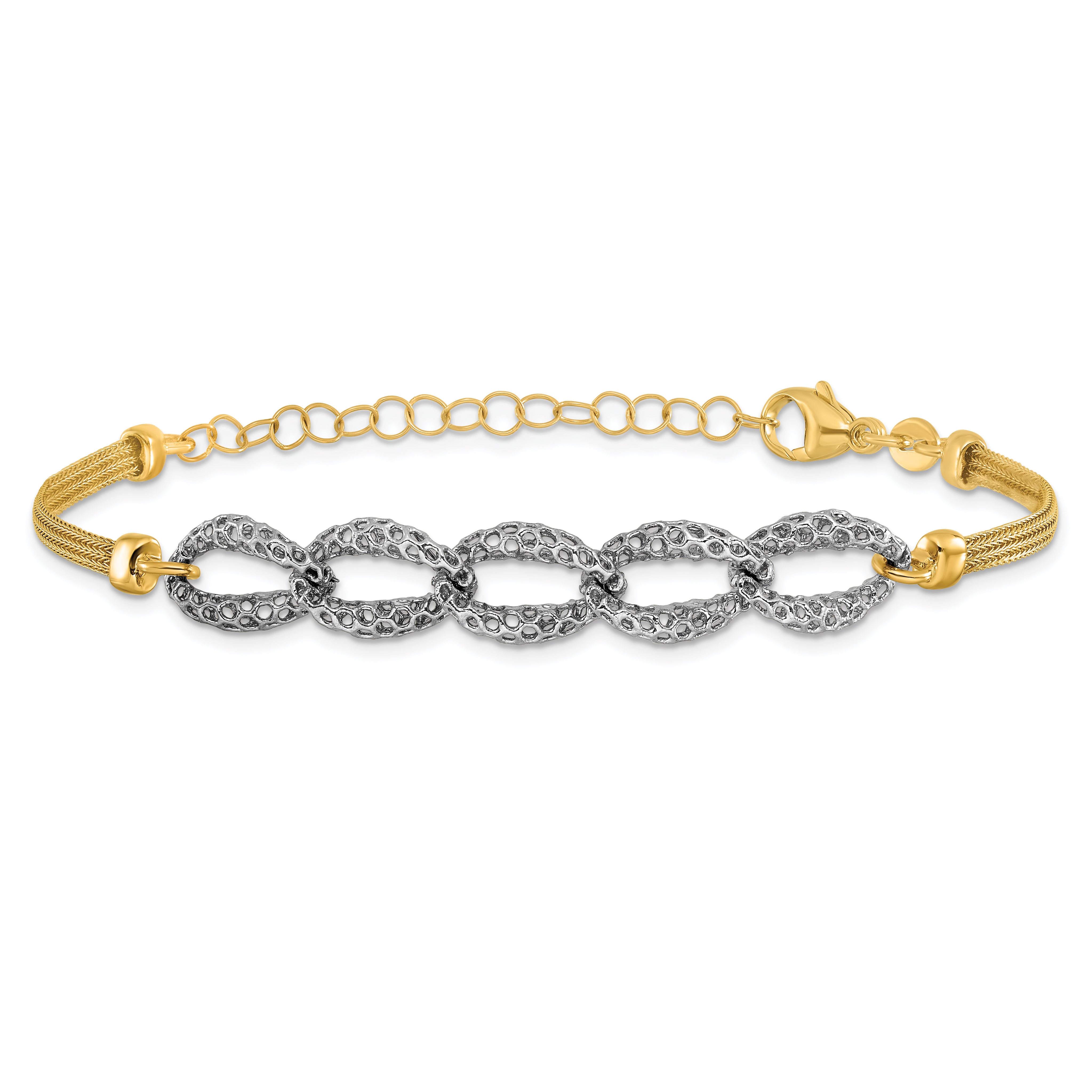 14K Two-tone Polished/Textured/Dia-cut w/2in ext. Bracelet