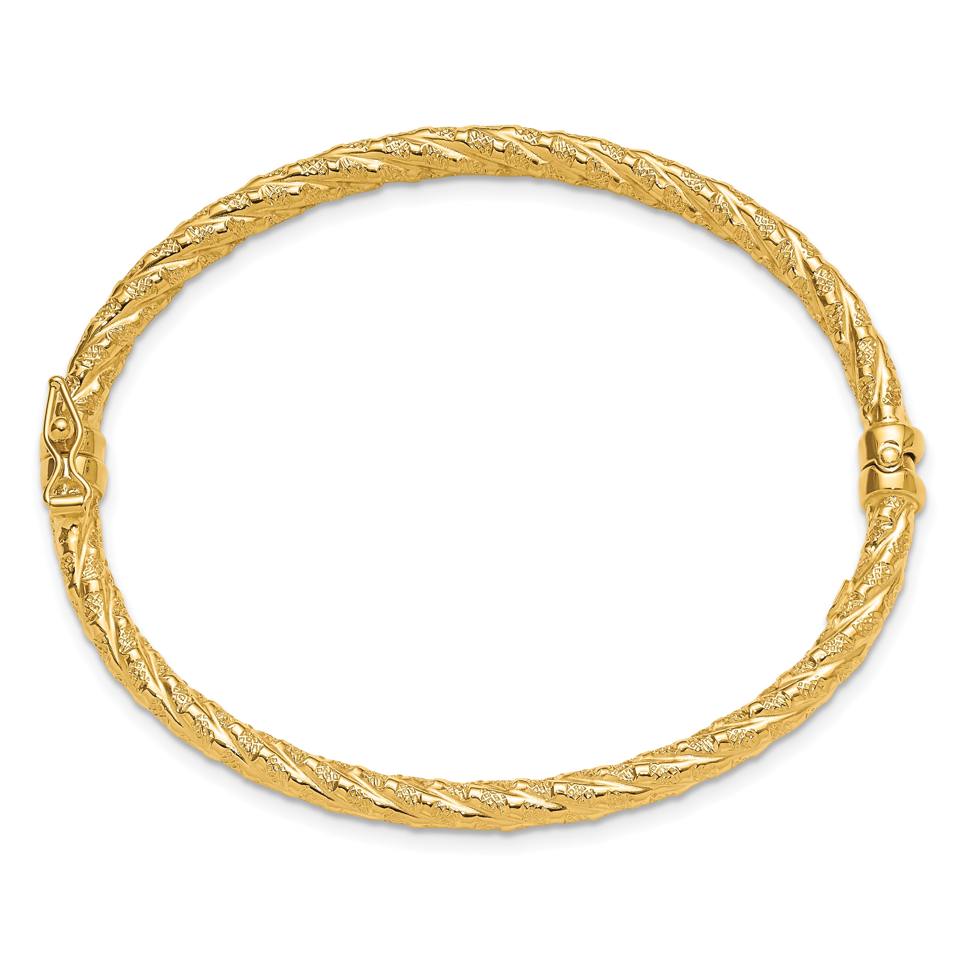 14k Polished and Textured Twisted Hinged Bangle