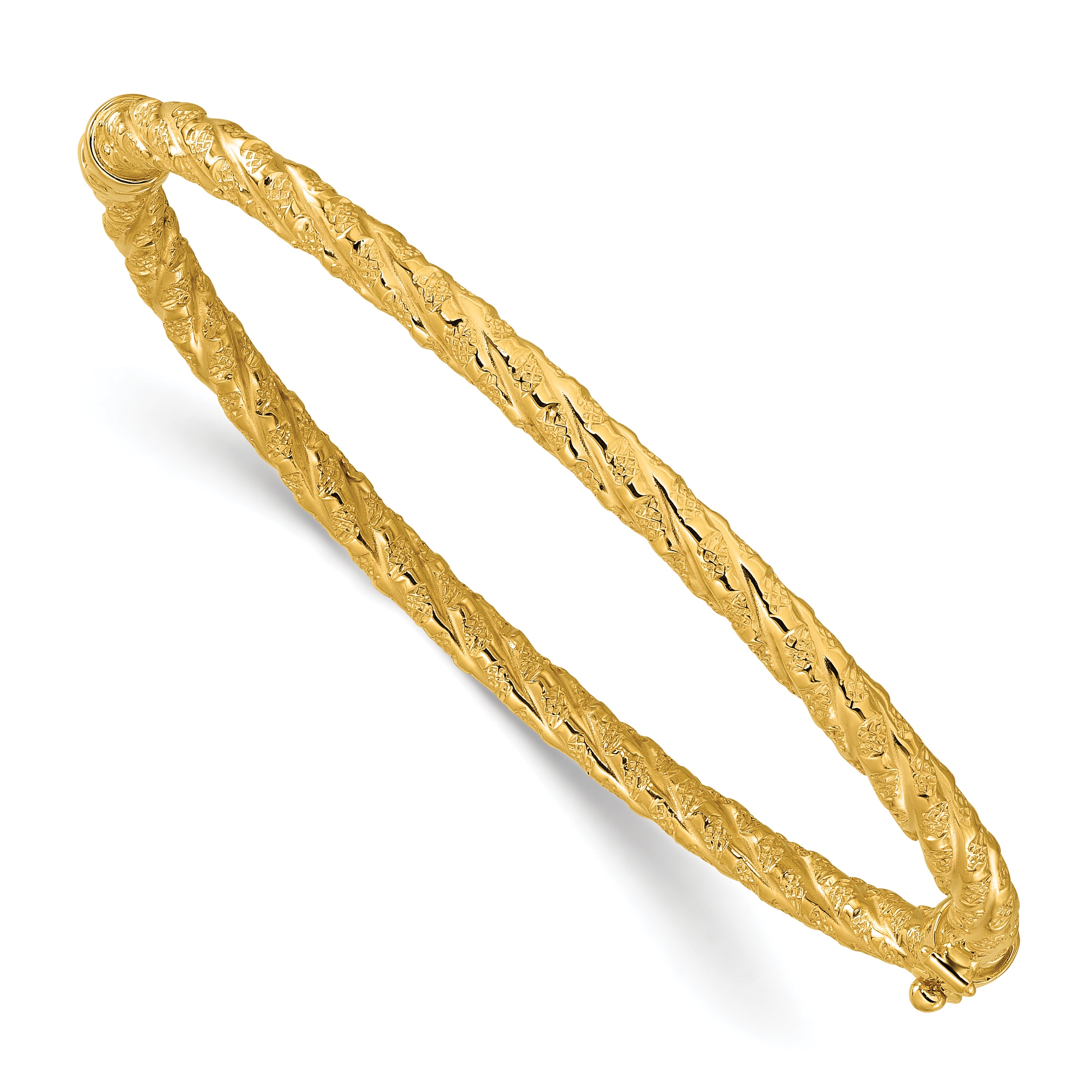 14k Polished and Textured Twisted Hinged Bangle