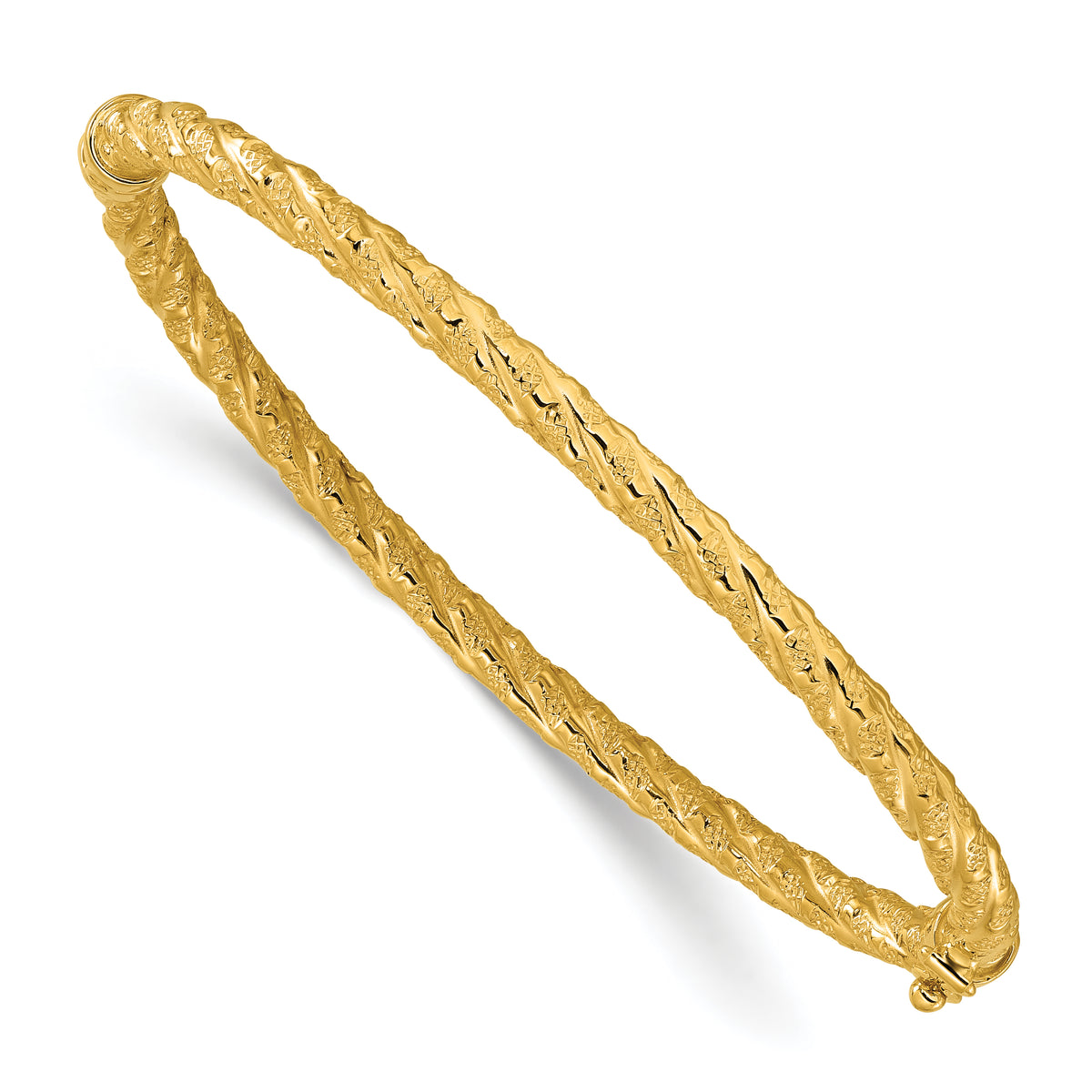 14k Polished and Textured Twisted Hinged Bangle