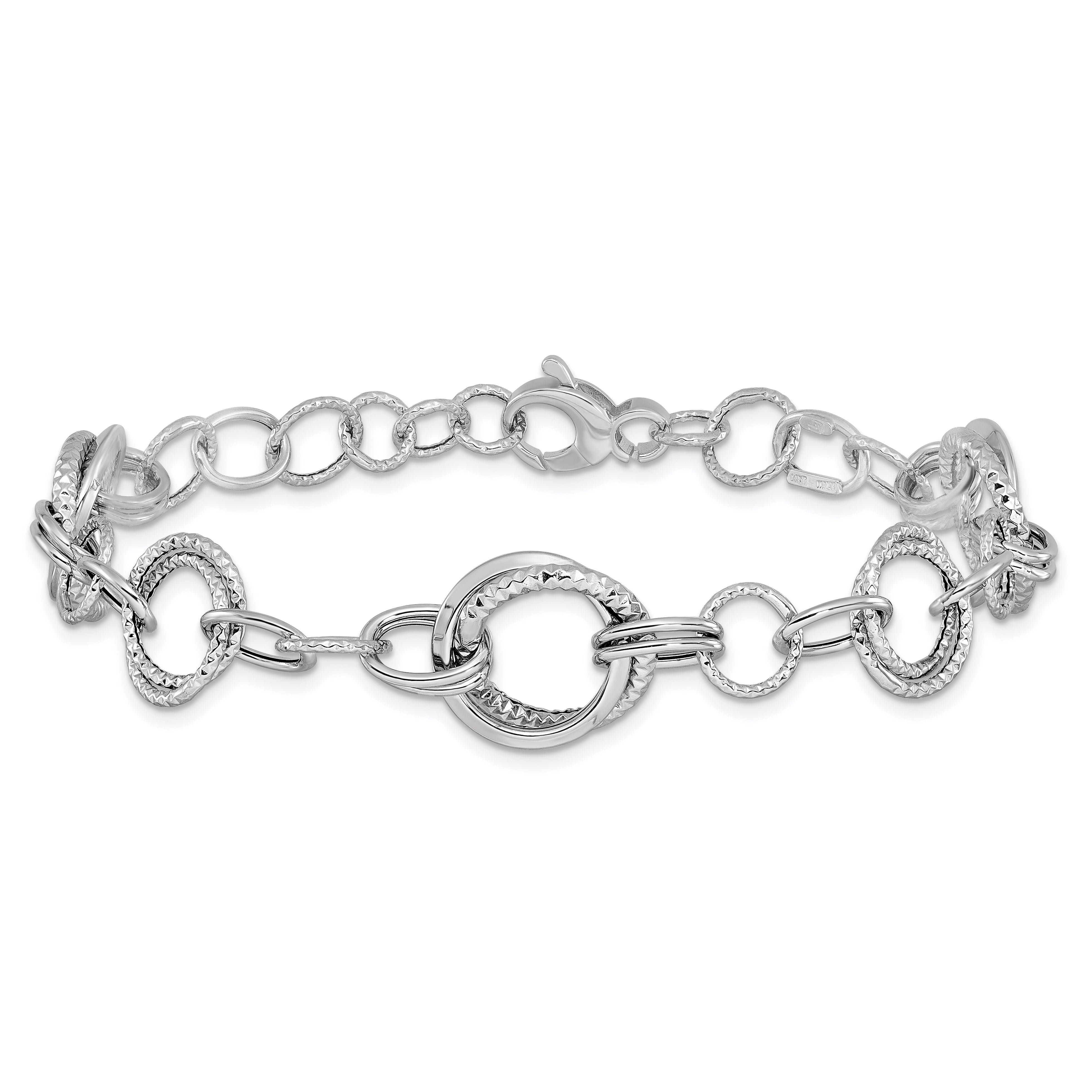 14K White Gold Polished and Textured Fancy Link Bracelet