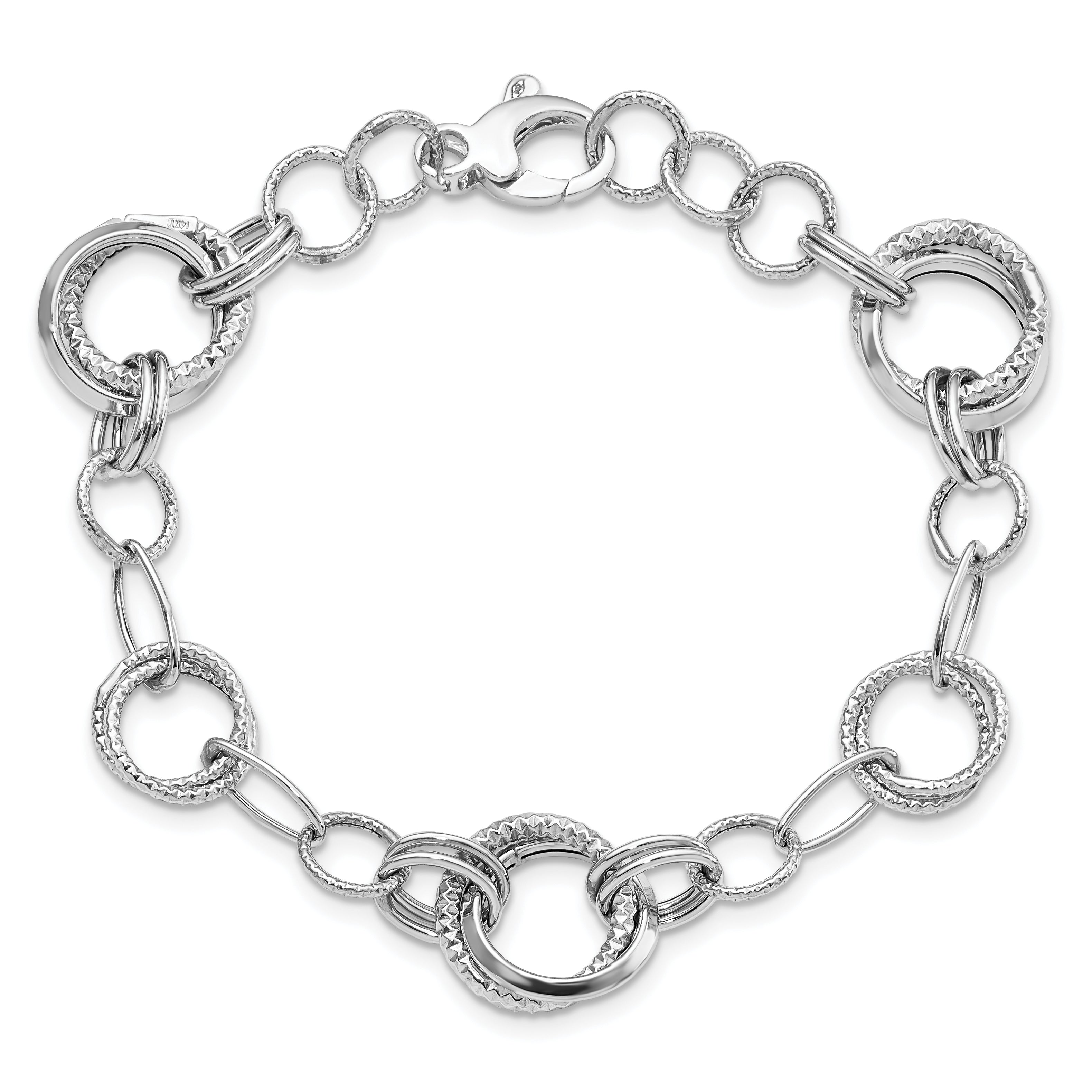 14K White Gold Polished and Textured Fancy Link Bracelet