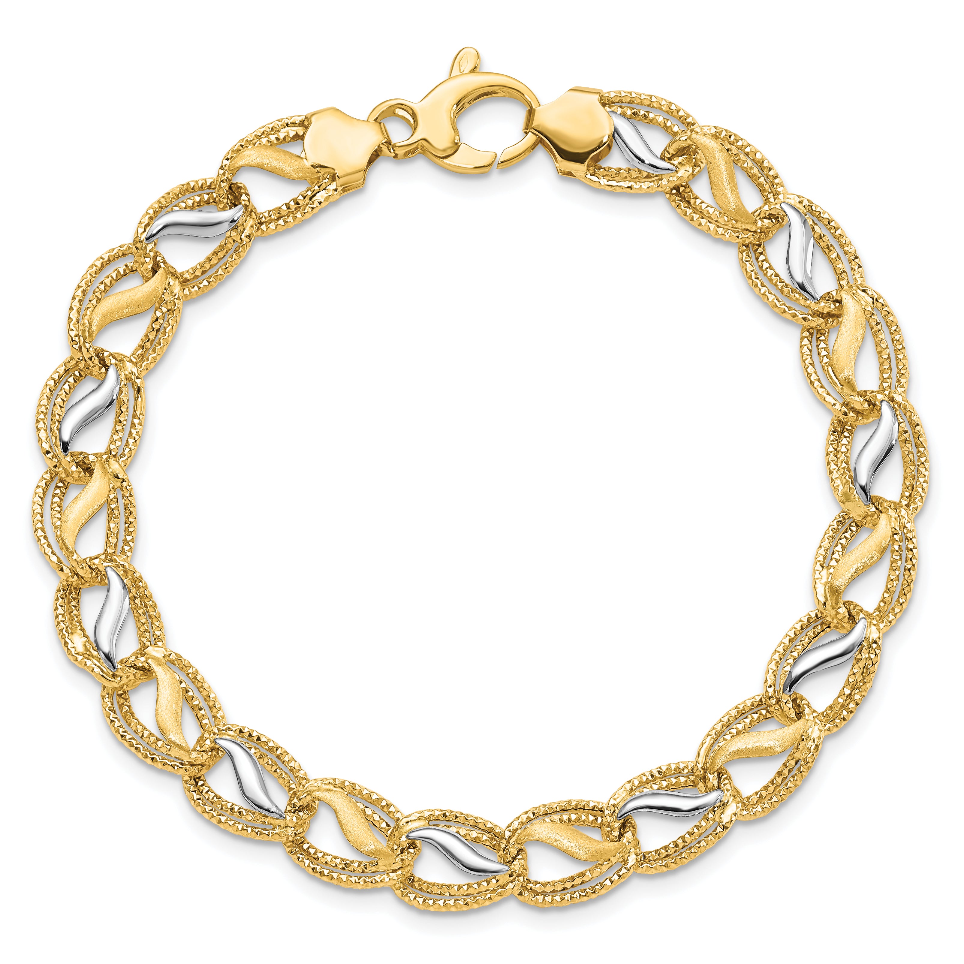 14K Two-tone Polished Brushed and Textured Bracelet