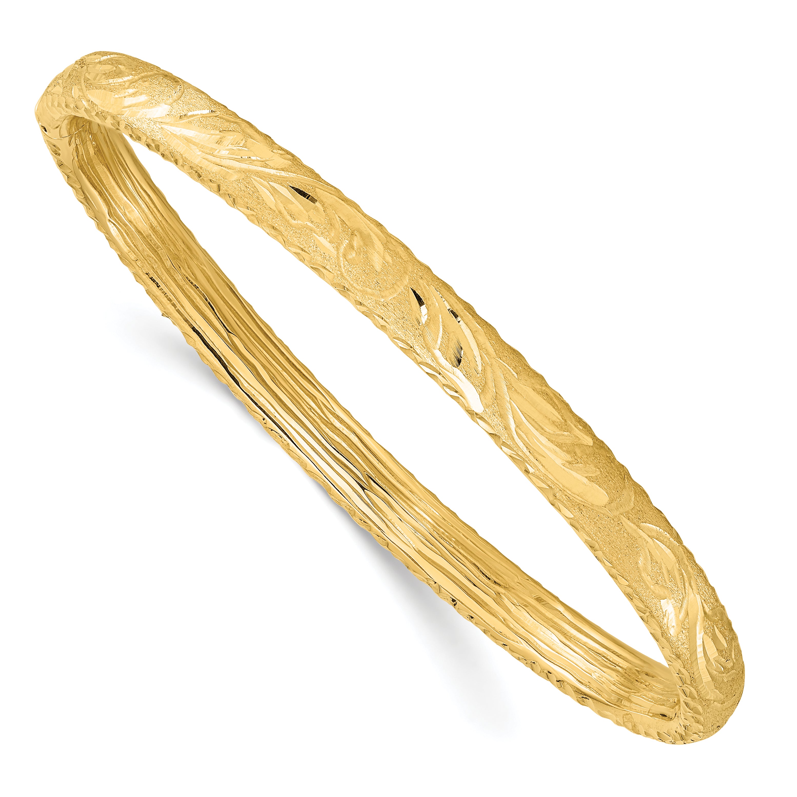 14K Polished and Diamond-cut Floral Bangle