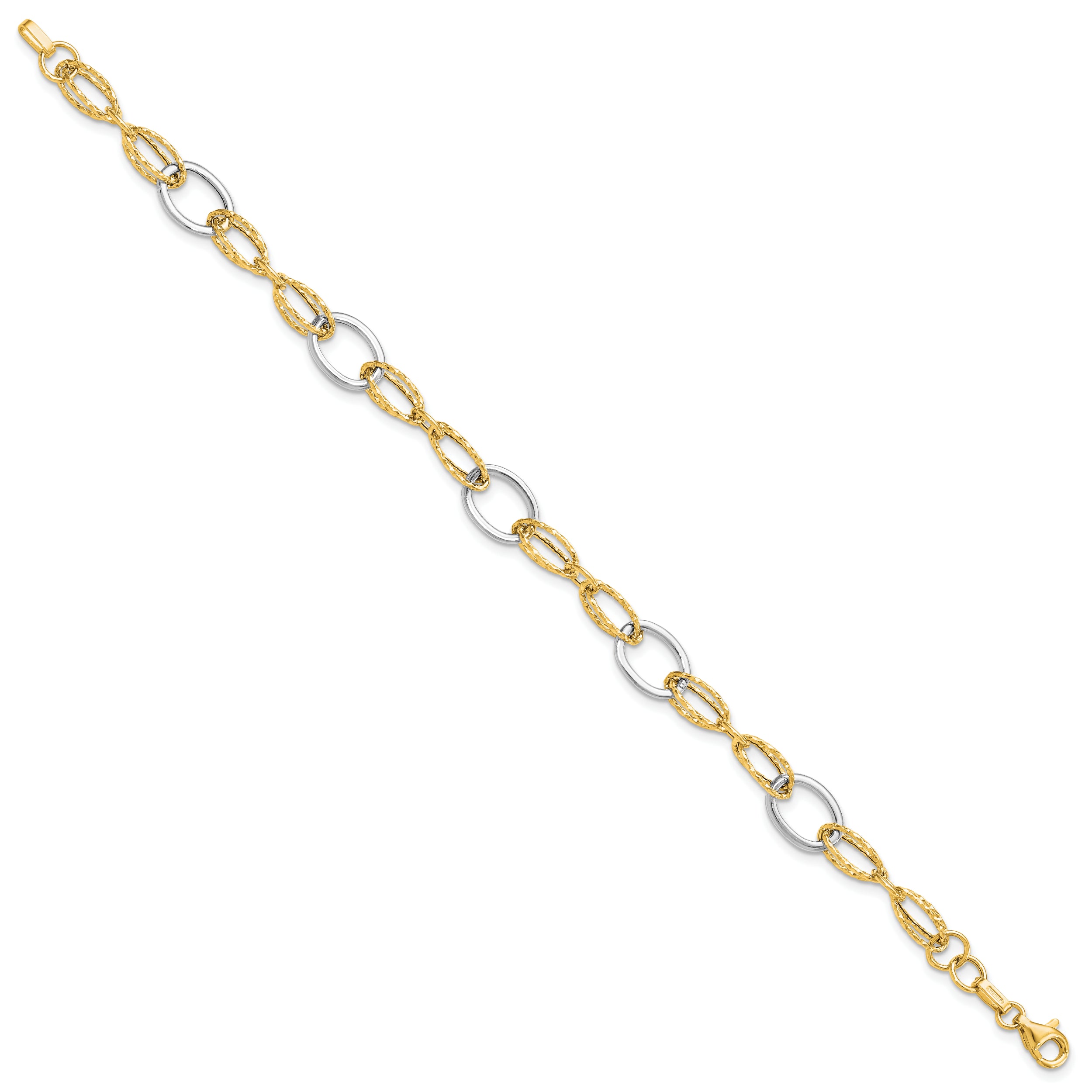 14K Two-tone Polished and Textured Fancy Link Bracelet