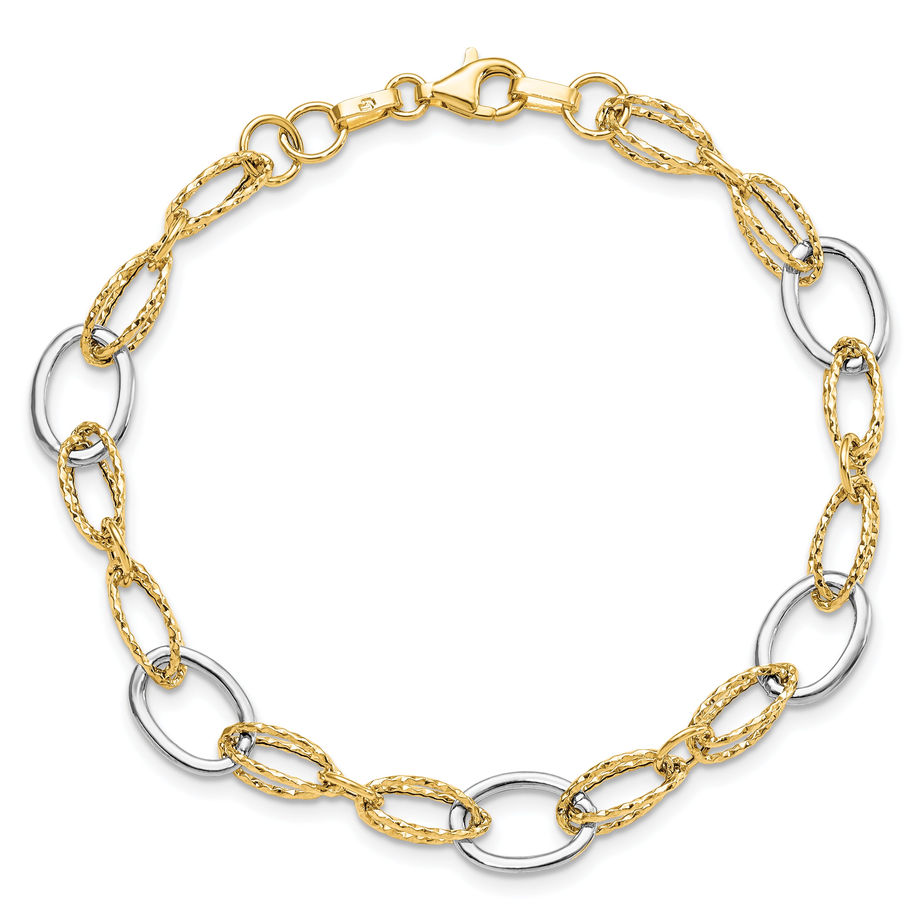 14K Two-tone Polished and Textured Fancy Link Bracelet