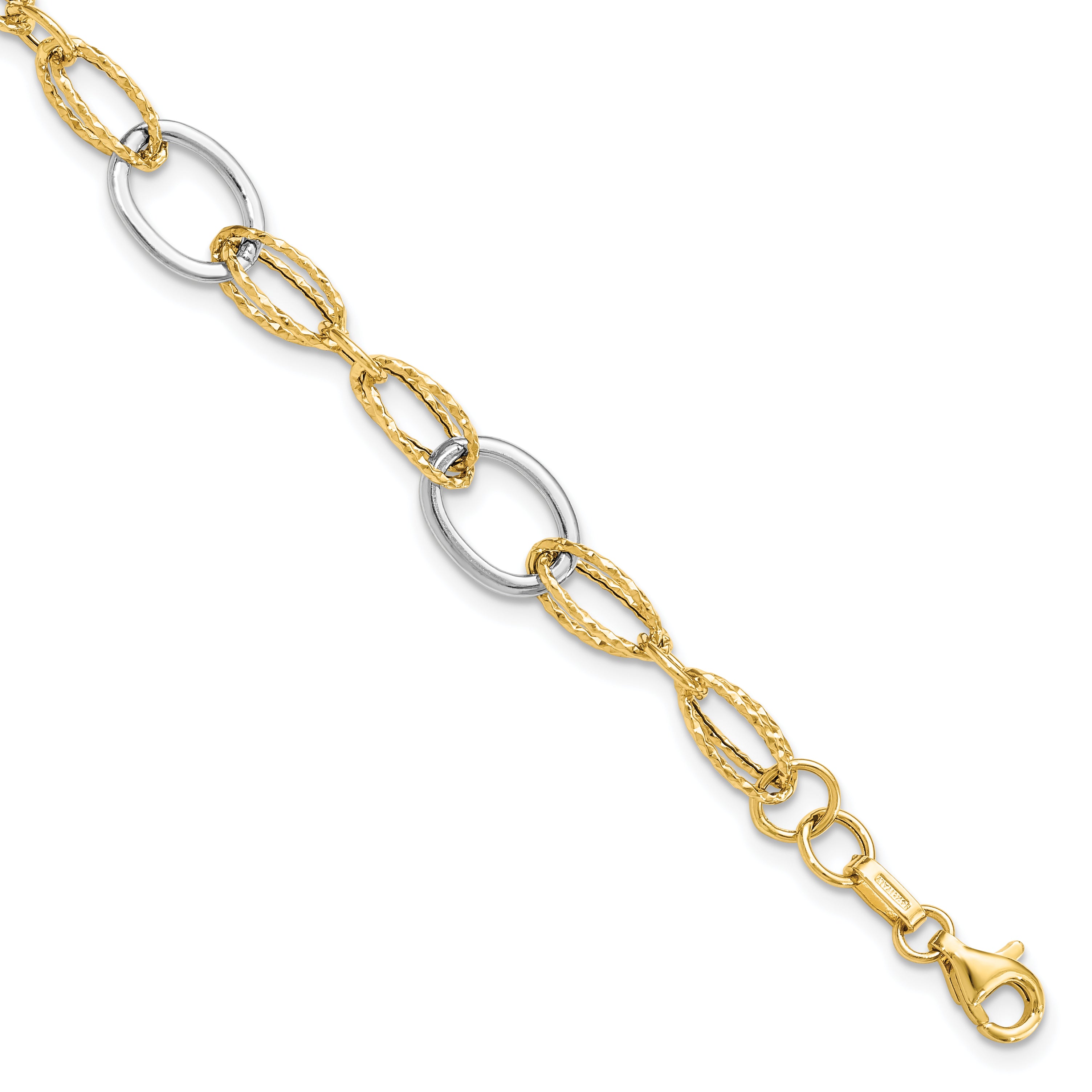 14K Two-tone Polished and Textured Fancy Link Bracelet