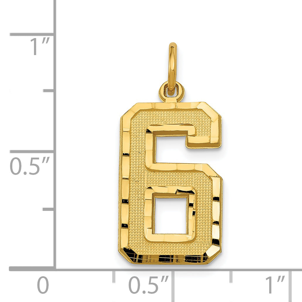 14K Gold Large Brushed Diamond-Cut Number 6 Charm Elegant, Themed Design