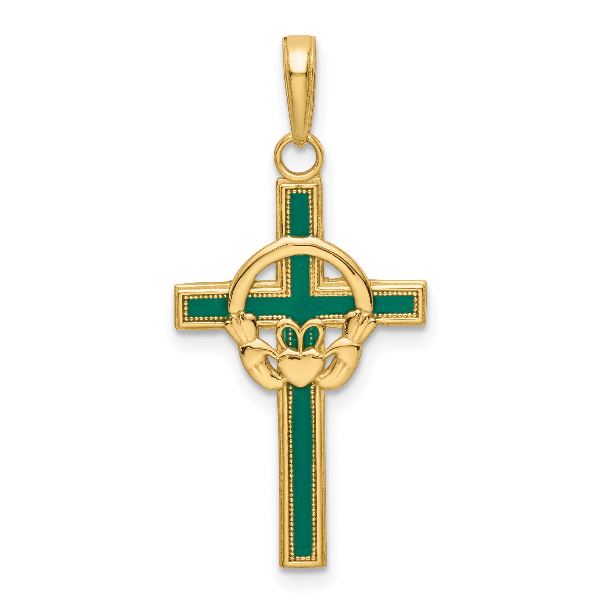 14k Green Enameled Claddagh Cross Pendant