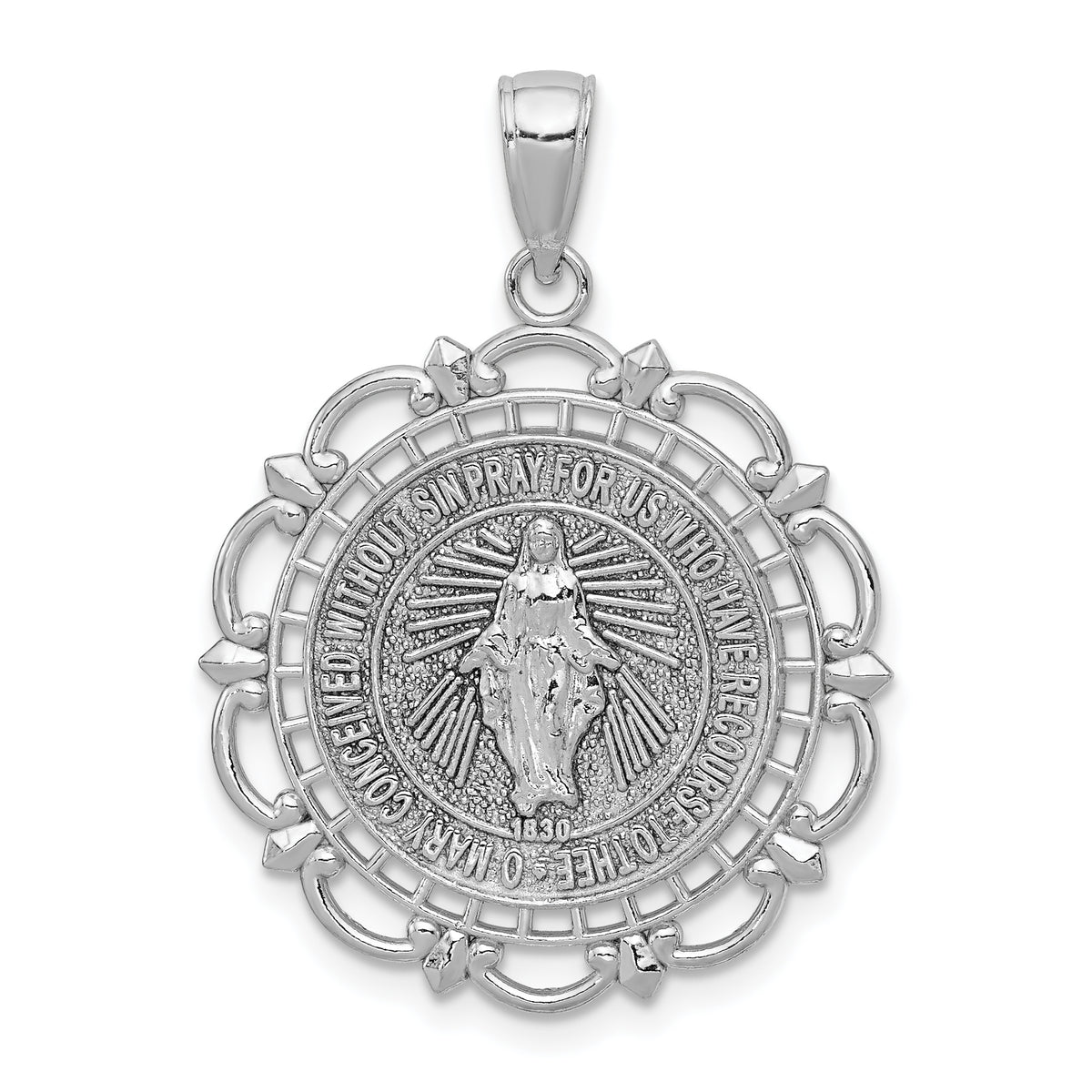 14K White Gold Miraculous Medal Pendant with Scallop Frame – Rhodium Plated, Solid