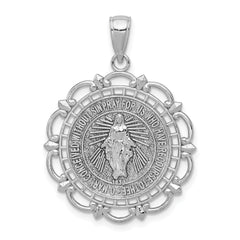 14K White Gold Miraculous Medal Pendant with Scallop Frame – Rhodium Plated, Solid