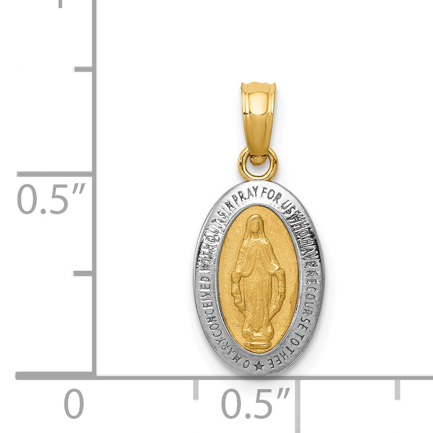 14K Gold Miraculous Medal Charm with Rhodium Accents Polished Finish