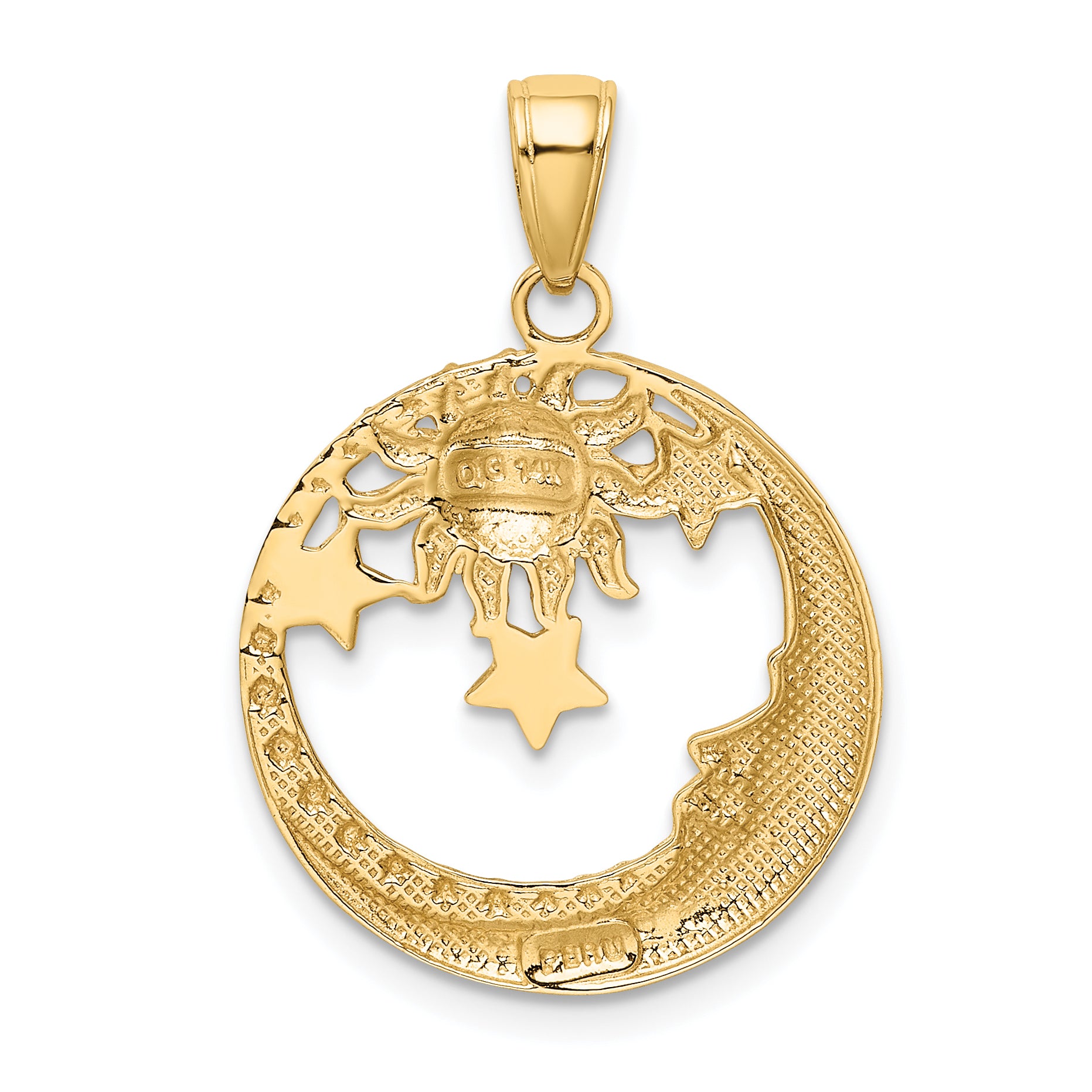 14K and Rhodium Diamond Cut  Moon, Stars, and Sun Pendant