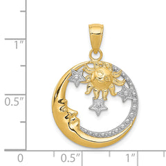 14K Gold and Rhodium Sun, Moon, and Stars Pendant  Textured, Polished Finish