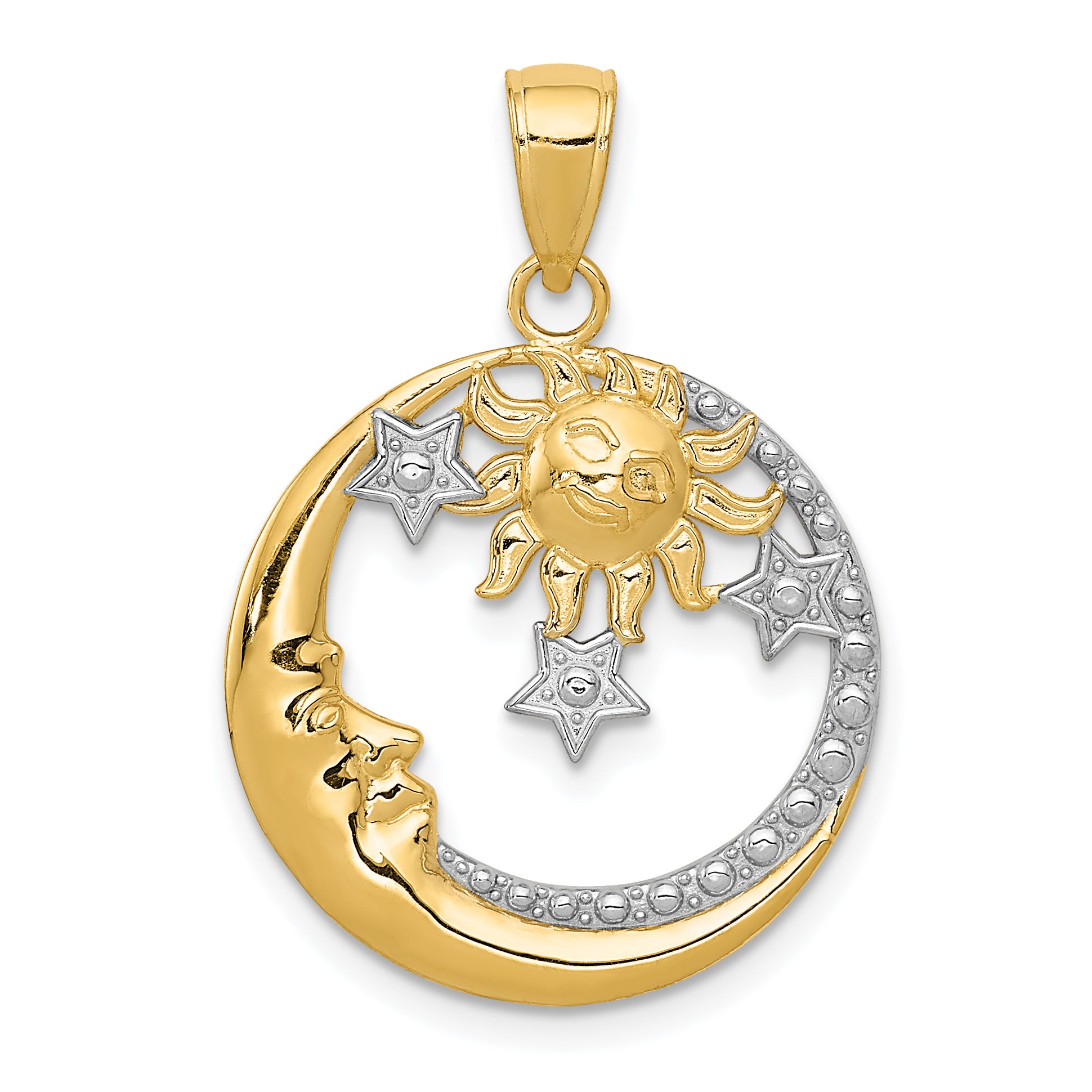 14k and Rhodium D/C Moon, Stars, and Sun Pendant