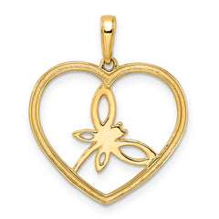 14k and White Rhodium Diamond-cut Dragonfly in Heart Pendant