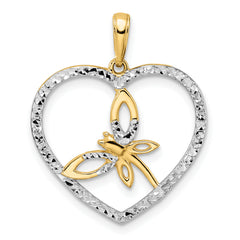 14k and White Rhodium Diamond-cut Dragonfly in Heart Pendant