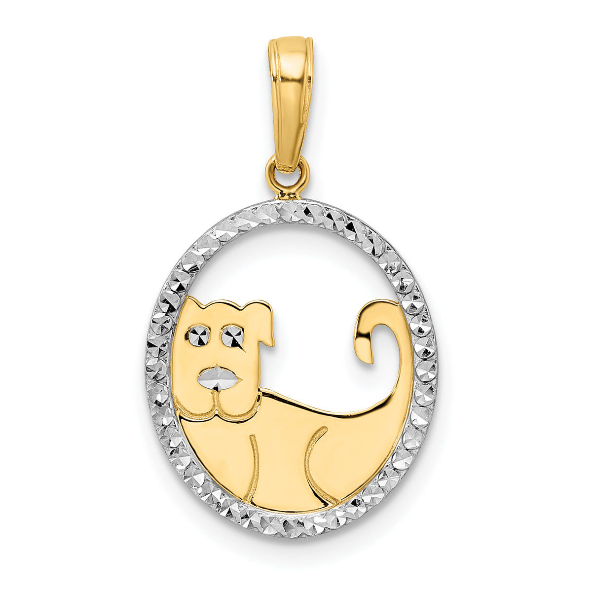 14k and White Rhodium Diamond-cut Dog in Oval Pendant